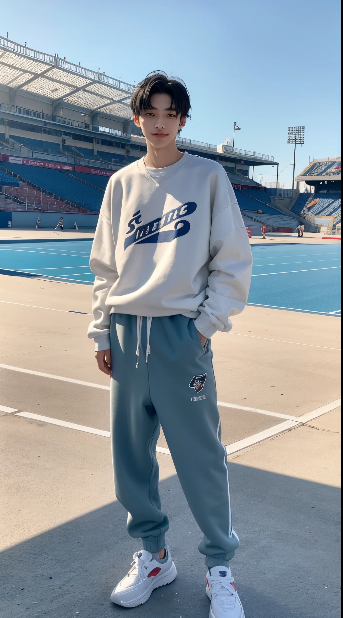 18 years old boy，Short black hair, Water-colored eyes, ssmile, Turn Back，电影灯光, hyper HD，Sweatshirt，track pants，espadrilles，Stadium