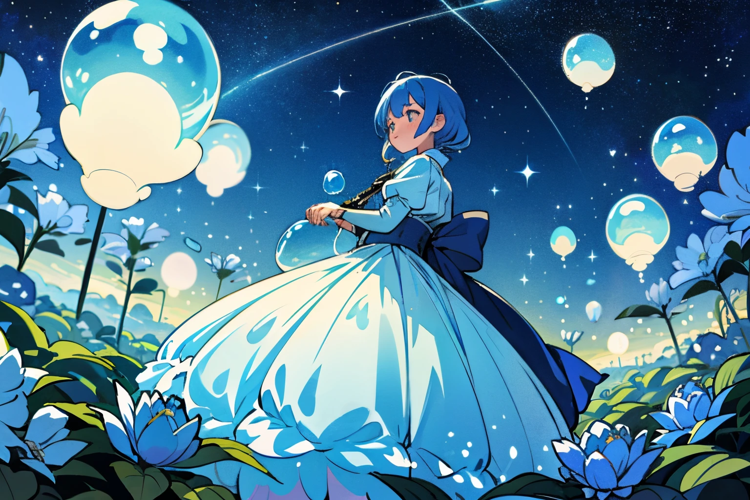 beautiful a girl、Lots of bubbles、lots of shiny things、starrysky、a large number of blue flowers、surrounded by ribbons