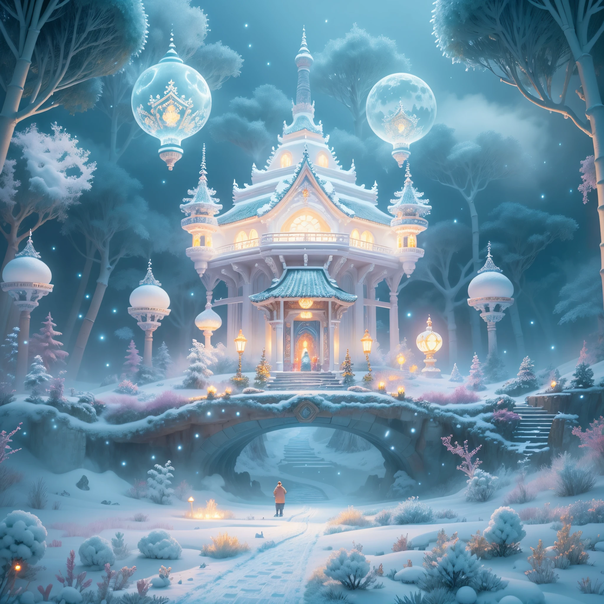 (tmasterpiece),（ultra - detailed：1.3），Best quality，(Sparkling: 1.2), (Winter wonderland in fantasy mythology: 1.4), ((Fresh, chill, mountains, white mist, , vastness, bamboo forest, frost flowers, diamonds, breeze, bamboo leaves, sounds of nature, lake, Ancient, pavilion, sacred, tranquil, peaceful, otherworldly, beautiful, tranquil, secluded, treasure, nature, magic, creativity)), illustration style, and decoration, dreamy winter wonderland, lovely design style, Evening, snowy field, full moon, bright colors, ((whimsical and charming fantasy)), surreal portrait, (fantasy-themed winter day), (whimsical wonderland), (colorful, mist-filled landscape), (enchanting , magical creatures), (a vibrant, mist-shrouded palace), (white cloud road), (rich, dreamlike colors), (twinking stars) elevated, (fourth-dimensional dreamland), (enchanting and enchanting atmosphere), (playful composition), (vivid lighting effects), 1.4x realism, ultra-high definition, displayed in this beautiful scene, （Very meticulous，Reasonable design，Clear lines，High- sharpness，tmasterpiece，offcial art，movie light effect，8K)