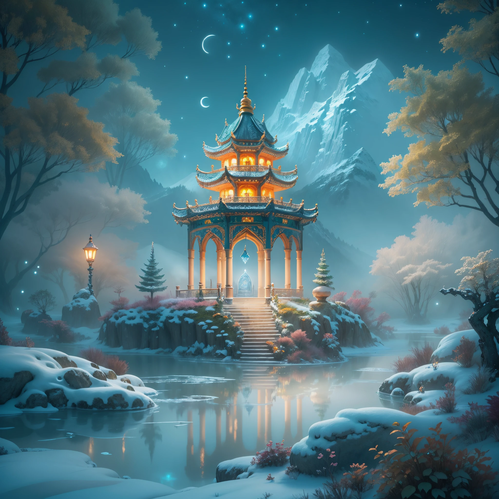 (tmasterpiece),（ultra - detailed：1.3），Best quality，(Sparkling: 1.2), (Winter wonderland in fantasy mythology: 1.4), ((Fresh, chill, mountains, white mist, , vastness, bamboo forest, frost flowers, diamonds, breeze, bamboo leaves, sounds of nature, lake, Ancient, pavilion, sacred, tranquil, peaceful, otherworldly, beautiful, tranquil, secluded, treasure, nature, magic, creativity)), illustration style, and decoration, dreamy winter wonderland, lovely design style, Evening, snowy field, full moon, bright colors, ((whimsical and charming fantasy)), surreal portrait, (fantasy-themed winter day), (whimsical wonderland), (colorful, mist-filled landscape), (enchanting , magical creatures), (a vibrant, mist-shrouded palace), (white cloud road), (rich, dreamlike colors), (twinking stars) elevated, (fourth-dimensional dreamland), (enchanting and enchanting atmosphere), (playful composition), (vivid lighting effects), 1.4x realism, ultra-high definition, displayed in this beautiful scene, （Very meticulous，Reasonable design，Clear lines，High- sharpness，tmasterpiece，offcial art，movie light effect，8K)