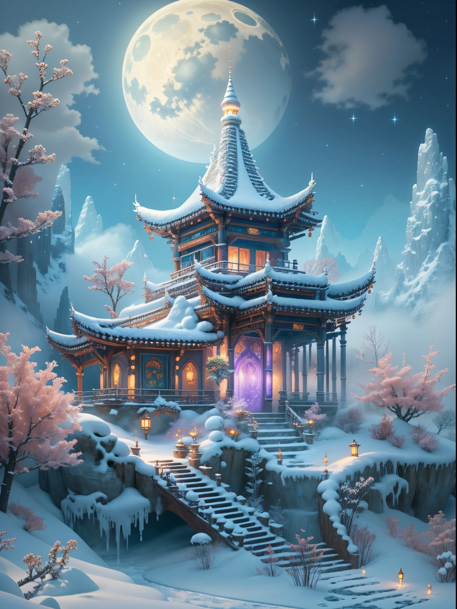 (tmasterpiece),（ultra - detailed：1.3），Best quality，(Sparkling: 1.2), (Winter wonderland in fantasy mythology: 1.4), ((Fresh, chill, mountains, white mist, , vastness, bamboo forest, frost flowers, diamonds, breeze, bamboo leaves, sounds of nature, lake, Ancient, pavilion, sacred, tranquil, peaceful, otherworldly, beautiful, tranquil, secluded, treasure, nature, magic, creativity)), illustration style, and decoration, dreamy winter wonderland, lovely design style, Evening, snowy field, full moon, bright colors, ((whimsical and charming fantasy)), surreal portrait, (fantasy-themed winter day), (whimsical wonderland), (colorful, mist-filled landscape), (enchanting , magical creatures), (a vibrant, mist-shrouded palace), (white cloud road), (rich, dreamlike colors), (twinking stars) elevated, (fourth-dimensional dreamland), (enchanting and enchanting atmosphere), (playful composition), (vivid lighting effects), 1.4x realism, ultra-high definition, displayed in this beautiful scene, （Very meticulous，Reasonable design，Clear lines，High- sharpness，tmasterpiece，offcial art，movie light effect，8K)