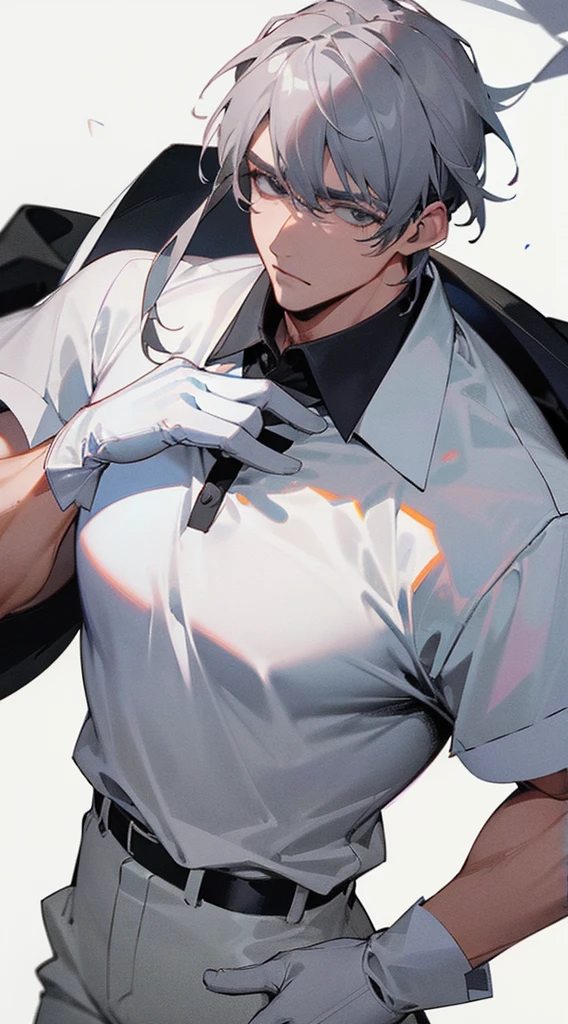 Handsome dude.gray hair. Black eyes. White polo shirt with white gloves. Hot man