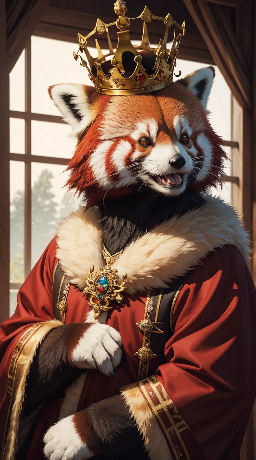 Red panda,solo, cute, not human, king,wear a crown, animal photo, realistic,luxury fur,high quality, best quality, masterpiece, 8K