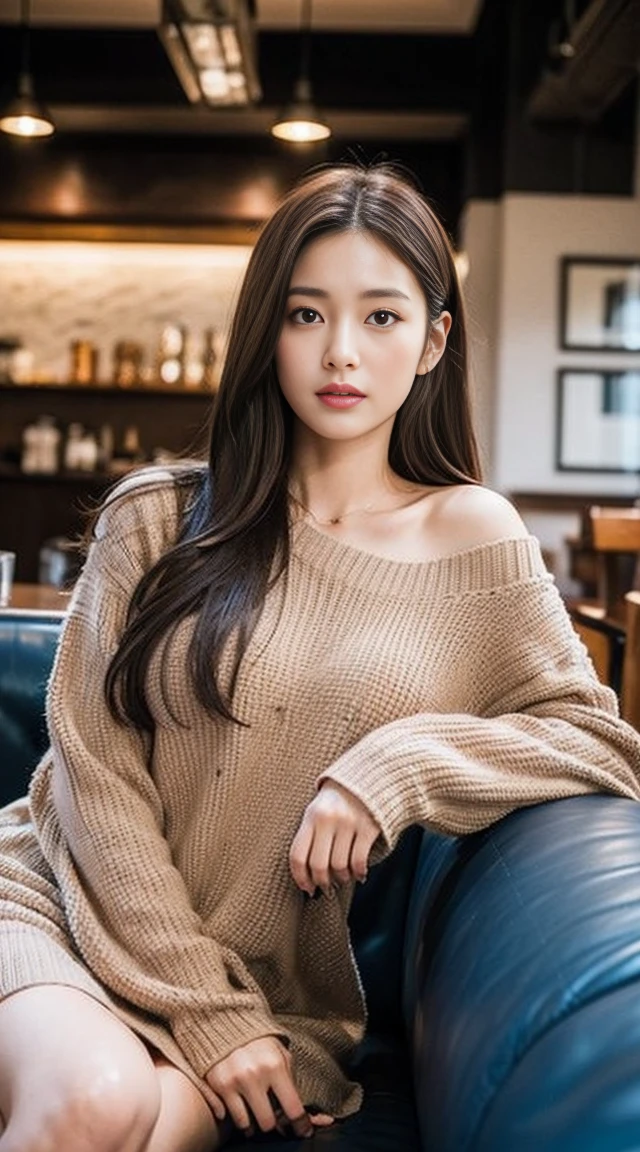 dark brown hair、Light brown eyes、The face of the Japan actress、 Lady、looks like him'i'i'i'i'i'i'i'i'i'I'm about 40 years old、(intricate-detail:1.2)、(top-quality:1.4)、 (超A high resolution:1.2)、超A high resolution、(A detailed eye)、(detailed facial features)、nffsw、8K resolution、D-cup size breasts、length hair、i'i'i'i'i'i'i'i'I'm sitting comfortably on a sofa in a cafe overlooking the world...、Relaxing、Leaning on the backrest、brack onepiece long-sleeve 、