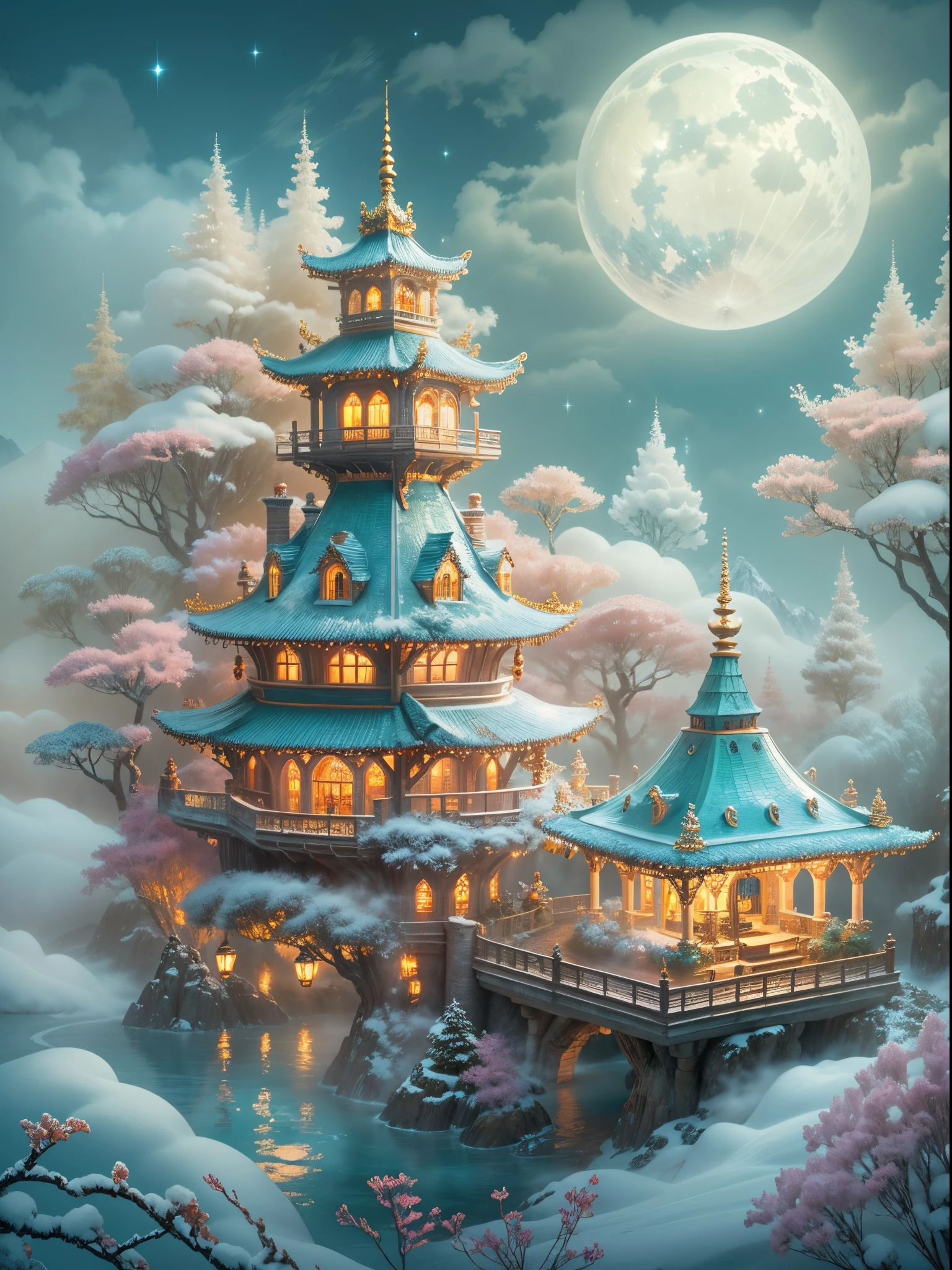 (tmasterpiece),（ultra - detailed：1.3），Best quality，(Sparkling: 1.2), (Winter wonderland in fantasy mythology: 1.4), ((Fresh, chill, mountains, white mist, , vastness, bamboo forest, frost flowers, diamonds, breeze, bamboo leaves, sounds of nature, lake, Ancient, pavilion, sacred, tranquil, peaceful, otherworldly, beautiful, tranquil, secluded, treasure, nature, magic, creativity)), illustration style, and decoration, dreamy winter wonderland, lovely design style, Evening, snowy field, full moon, bright colors, ((whimsical and charming fantasy)), surreal portrait, (fantasy-themed winter day), (whimsical wonderland), (colorful, mist-filled landscape), (enchanting , magical creatures), (a vibrant, mist-shrouded palace), (white cloud road), (rich, dreamlike colors), (twinking stars) elevated, (fourth-dimensional dreamland), (enchanting and enchanting atmosphere), (playful composition), (vivid lighting effects), 1.4x realism, ultra-high definition, displayed in this beautiful scene, （Very meticulous，Reasonable design，Clear lines，High- sharpness，tmasterpiece，offcial art，movie light effect，8K)