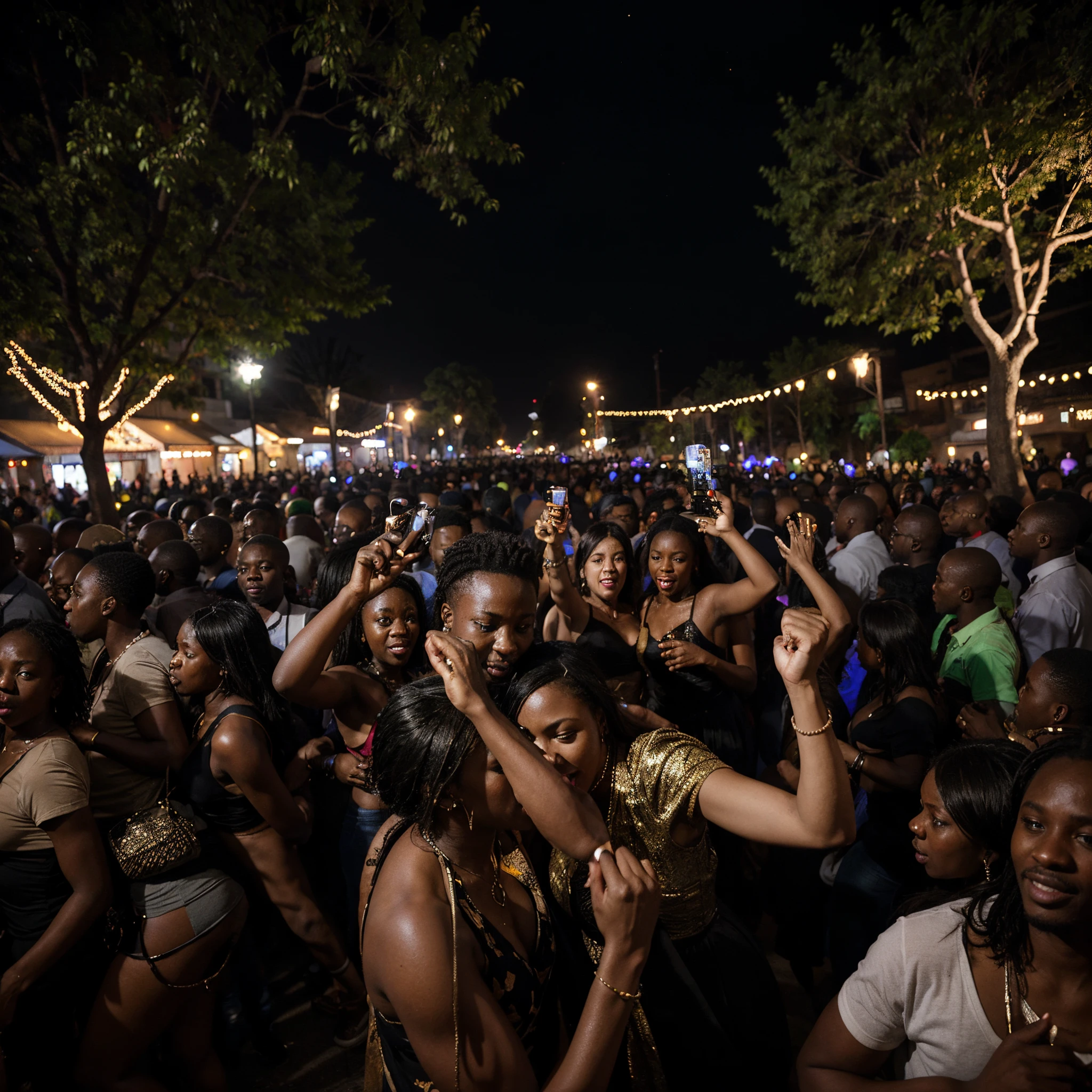 a street party in Johannesburg, New Year's Eve, crowd, many people dancing, dark, mysterious, amapiano