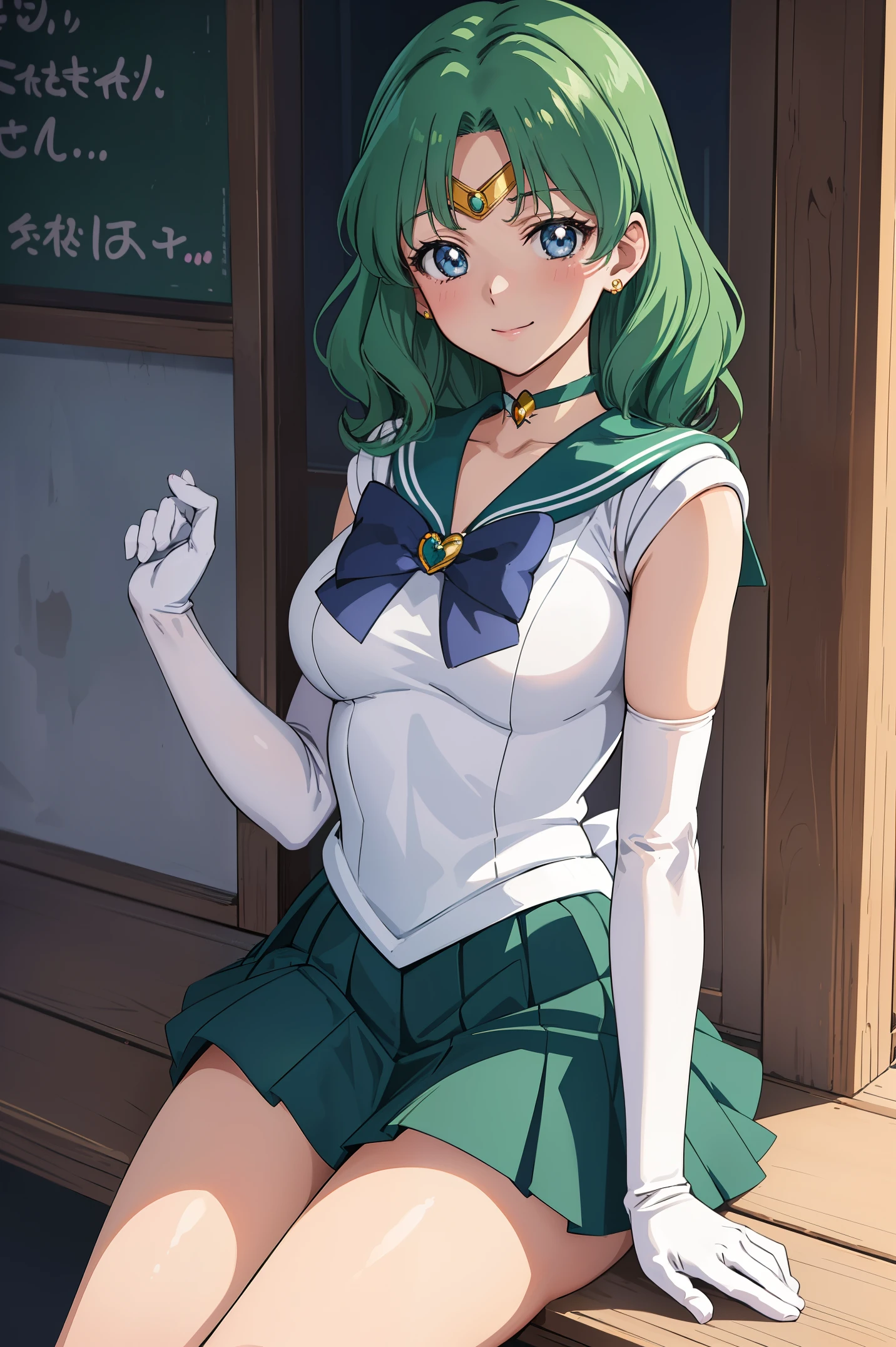 (anime:1.4), best quality, masterpiece,cowboy shot,
1girl, sailor neptune, mature woman, aged up,medium breasts, aqua eyes, dark green hair, medium hair, (sailor senshi uniform:1.2), back bow, white elbow gloves, plead skirt, looking at viewer,blush, smile,sitting