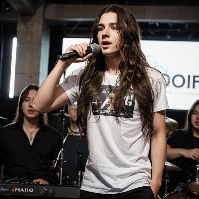 Young male, group band, vocalist, long wavy hair