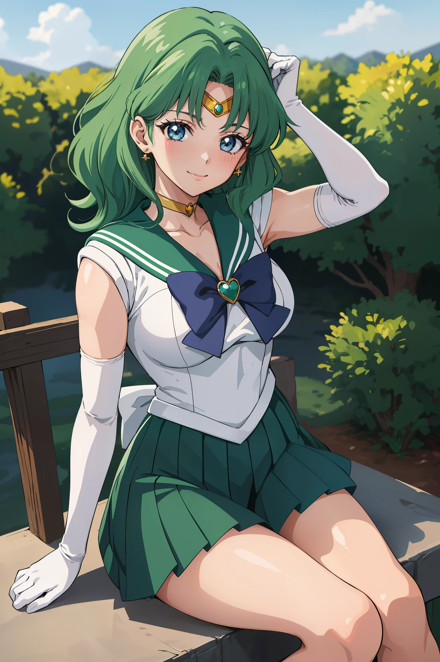 (anime:1.4), best quality, masterpiece,cowboy shot,
1girl, sailor neptune, mature woman, aged up,medium breasts, aqua eyes, dark green hair, medium hair, (sailor senshi uniform:1.2), back bow, white elbow gloves, plead skirt, looking at viewer,blush, smile,sitting