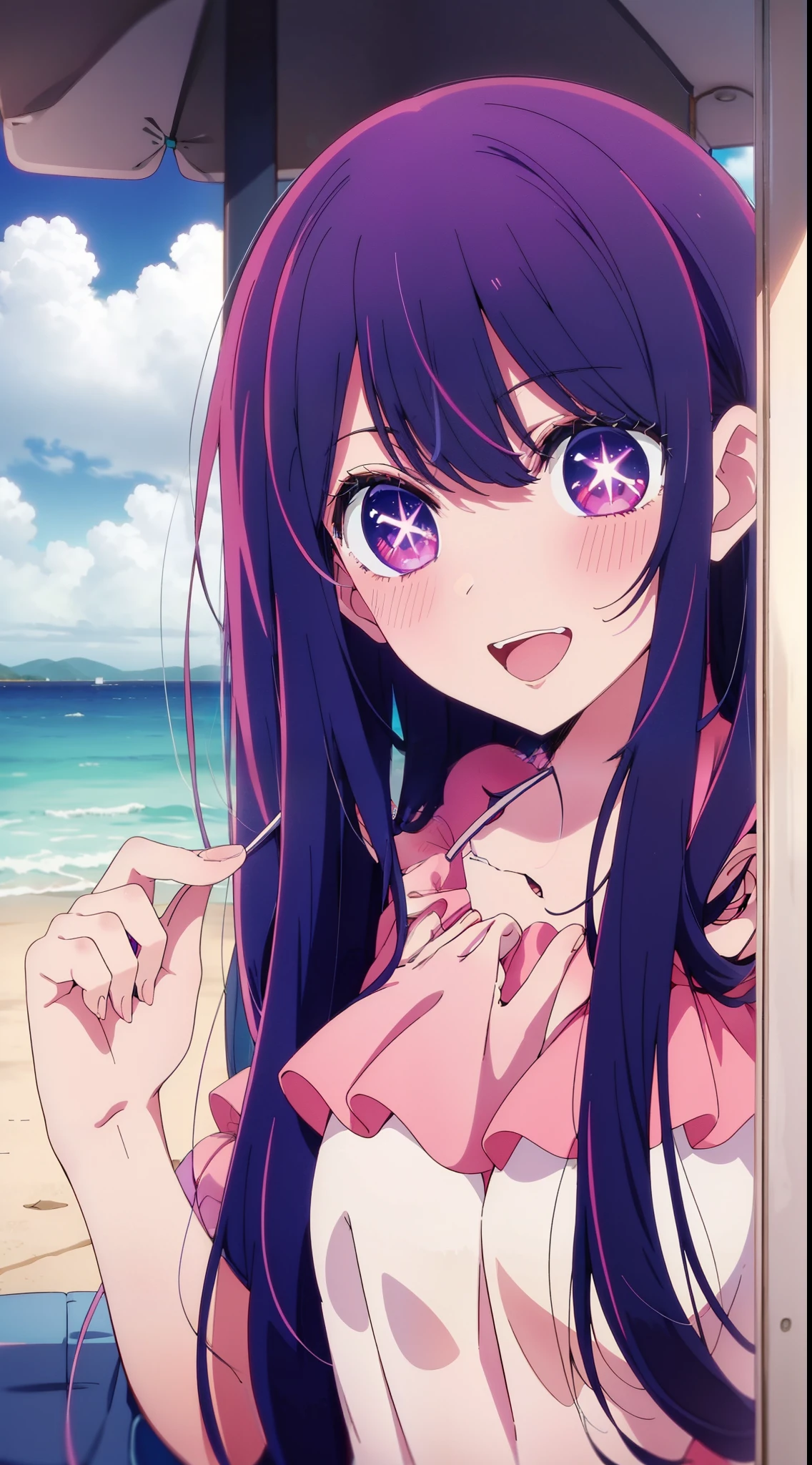 Anime girl with long hair and purple eyes, a picture inspired by Puru, Tumbler, conceptual art, Anime Best Girl, anime moe art style, closeup Iwakura Lain, Anime visuals of cute girls, Anime girl named Lucy, iwakura lain, Still from TV anime, anime still image, (Anime Girl)、(((the beach)))、A smile、Open your mouth、Ai Hoshino、(((The bikini)))