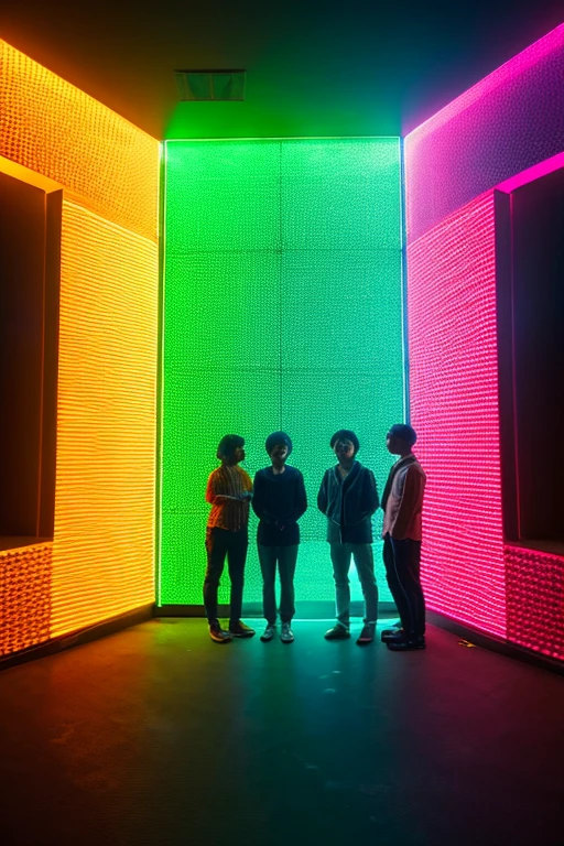 a group of people that are standing in a room, a hologram, by Weiwei, city reflection, vivid colors!!, orange and green power, light art