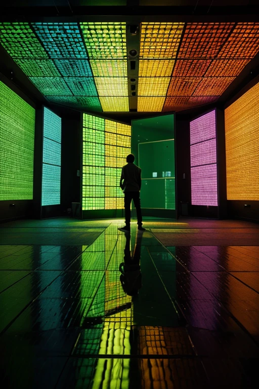 a group of people that are standing in a room, a hologram, by Weiwei, city reflection, vivid colors!!, orange and green power, light art