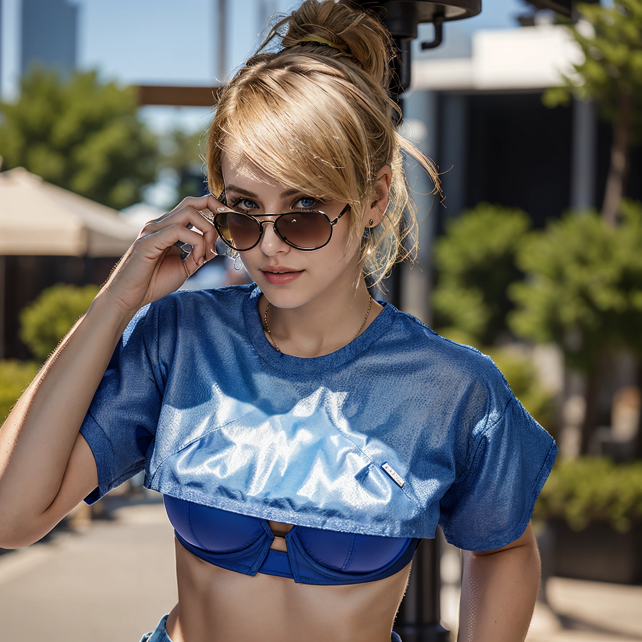 A girl wearing blue crop top under blue bra,navel,blue sunglass,blonde