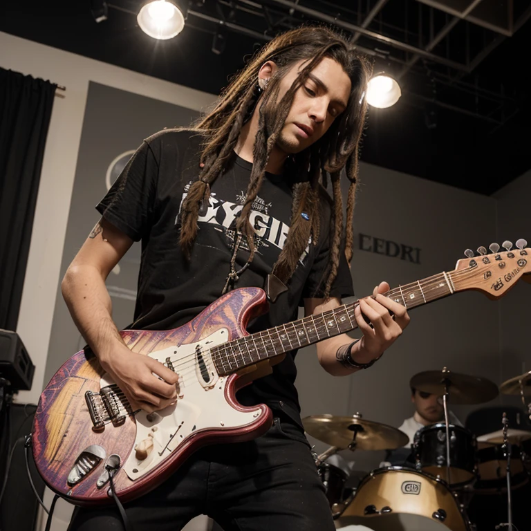 Young male, group band, guitarist, electric guitar, lead guitar, long dreadlocks