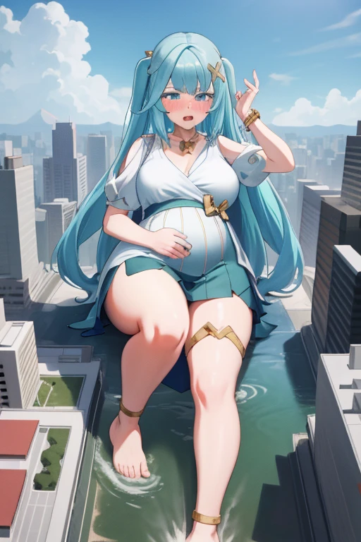 Giant maiden，Moe two-dimensional style，Pregnancy status，Round belly，Gaze at the bustling city, Lying down, Burp, Burping, Loud burp, Really loud burp, Barefoot, Embarrassed, Full body