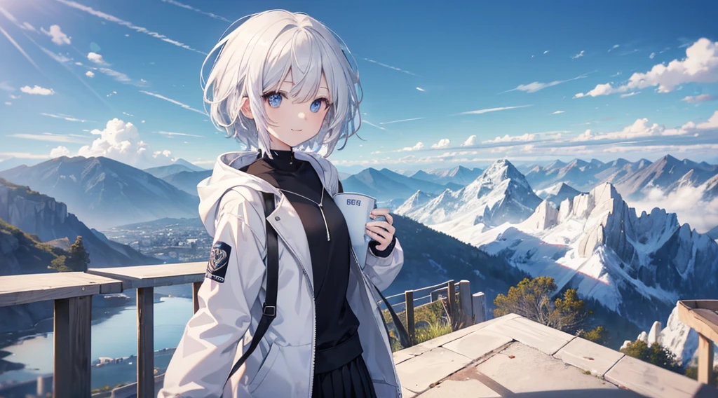 Ultra-high image quality,Look at viewers, hands behind back, girl with, 20 years old, Very short hair, long bangs between eyes, pale blue eyes, Hoodie, Skirt , Extremely detailed,(​masterpiece、top-quality),White hair、A smile、Fantastical, Silver hair, Black eyes,  Hoodie, White hoodie,a black skirt,Hair is short,White jacket, Casual style,Open jacket,  Cowboy Shot、Fluttering hair、a small face、Bright smile、(Detailed face) ,profetional lighting,fantastic landscape,Blue sky, Sunlight,look down from above,portraitures