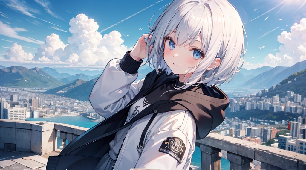 Ultra-high image quality,Look at viewers, hands behind back, girl with, 20 years old, Very short hair, long bangs between eyes, pale blue eyes, Hoodie, Skirt , Extremely detailed,(masterpiece、top-quality),White hair、A smile、Fantastical, Silver hair, Black eyes, Hoodie, White hoodie,a black skirt,Hair is short,White jacket, Casual style,Open jacket, Cowboy Shot、Fluttering hair、a small face、Bright smile、(Detailed face) ,profetional lighting,fantastic landscape,Blue sky, Sunlight,look down from above,portraitures