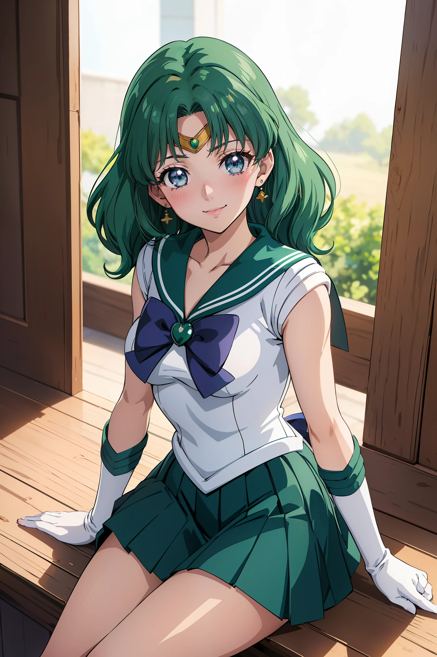 (anime:1.4), best quality, masterpiece,cowboy shot,
1girl, sailor neptune, mature woman, aged up,medium breasts, aqua eyes, dark green hair, medium hair, (sailor senshi uniform:1.2), back bow, white elbow gloves, plead skirt, looking at viewer,blush, smile,sitting