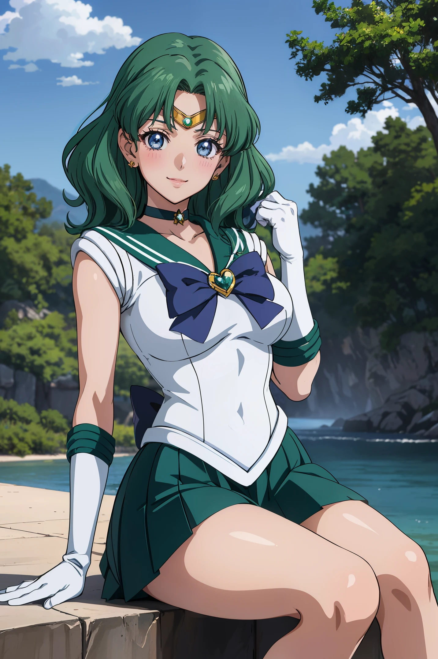 (anime:1.4), best quality, masterpiece,cowboy shot,
1girl, sailor neptune, mature woman, aged up,medium breasts, aqua eyes, dark green hair, medium hair, (sailor senshi uniform:1.2), back bow, white elbow gloves, plead skirt, looking at viewer,blush, smile,sitting