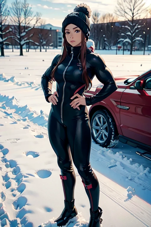 female bodybuilder catsuit with hunter boots in snow outdoor