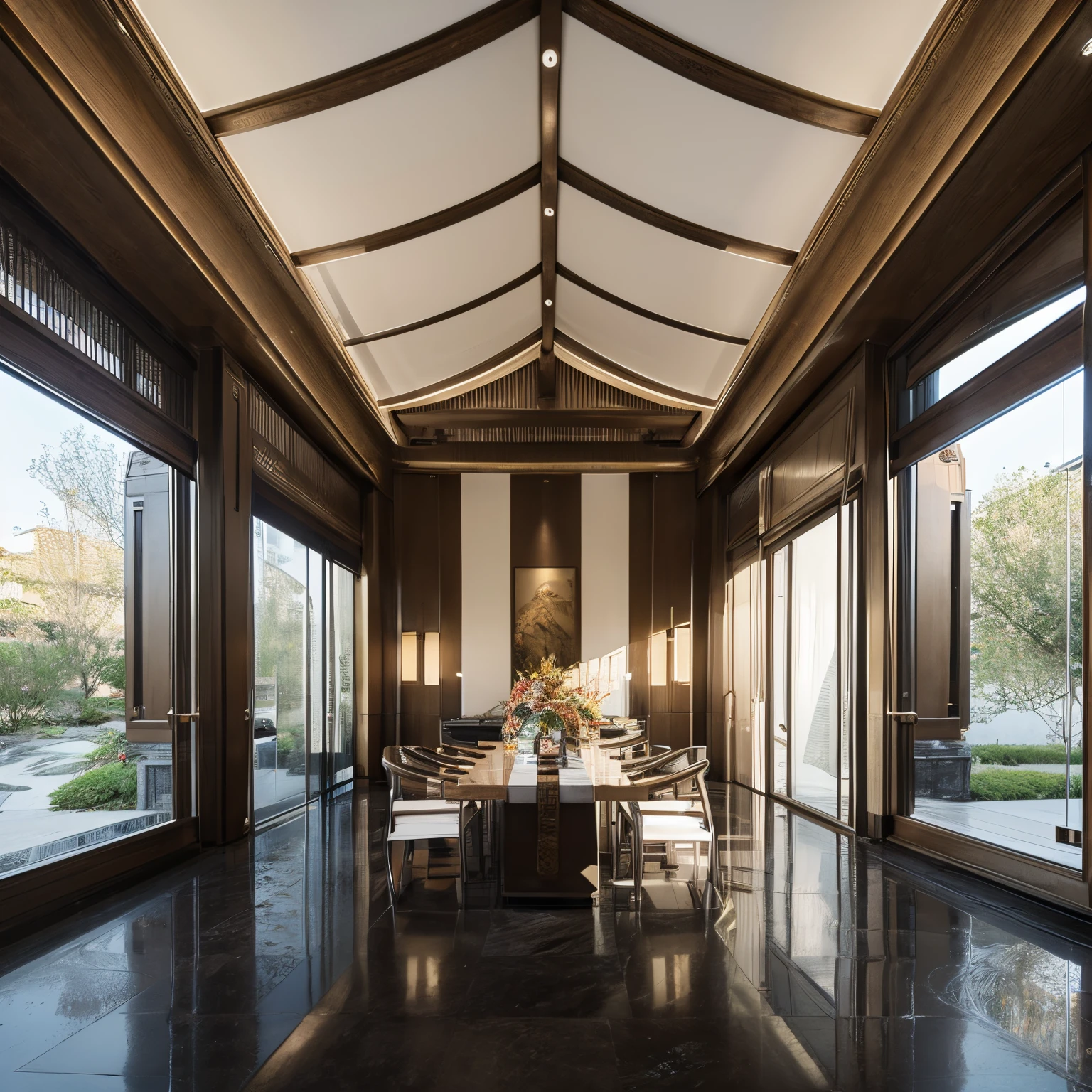 Neo-ch, Classical, Ming and Qing, Chinese, Oriental, stable, luxurious, Ancient rhyme, no humans, scenery, reflective floor, architecture, east asian architecture, reflection, vase, food, indoors, plant