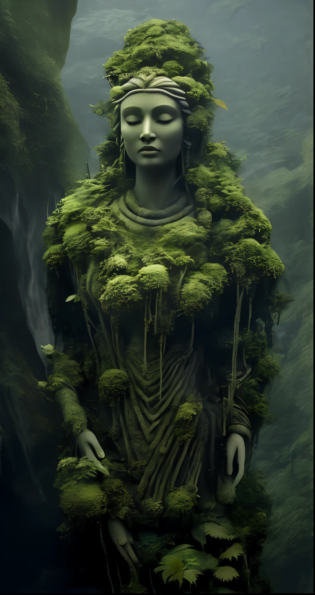 Close up of statue of woman with moss on head, Mythical female earth goddess made of plants, goddess of nature, goddess of nature, The shooting details of the goddess are very good, Great outdoor activities, goddess of the forest, a stunning portrait of a goddess, unreal engine rendered + welcoming, 3d goddess portrait, humanoid flora, 4K fantasy art