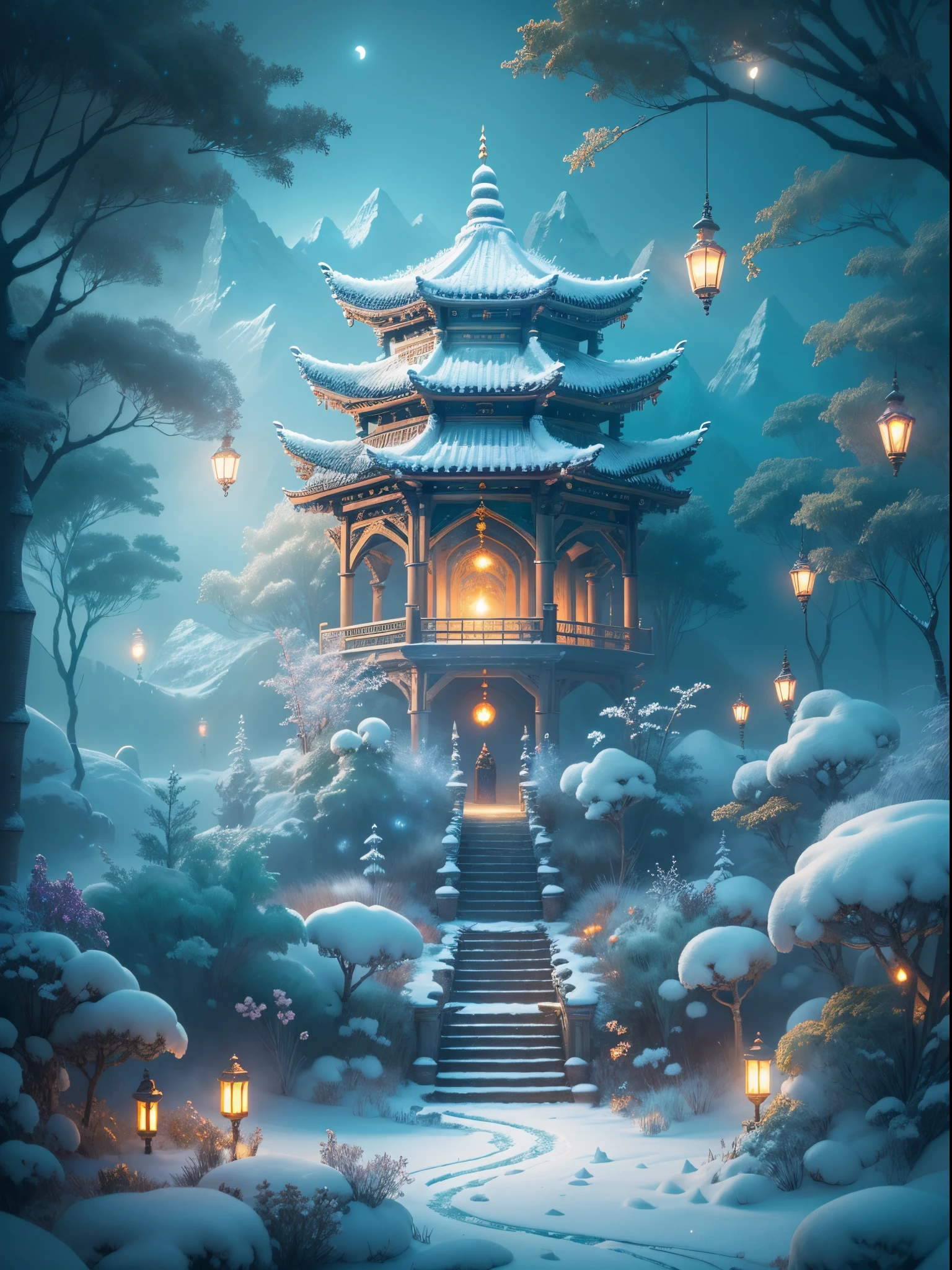 (tmasterpiece),(ultra - detailed:1.3),Best quality,(Sparkling: 1.2), (Winter wonderland in fantasy mythology: 1.4), ((Fresh, chill, mountains, white mist, , vastness, bamboo forest, frost flowers, diamonds, breeze, bamboo leaves, sounds of nature, lake, Ancient, pavilion, sacred, tranquil, peaceful, otherworldly, beautiful, tranquil, secluded, treasure, nature, magic, creativity)), illustration style, and decoration, dreamy winter wonderland, lovely design style, Evening, snowy field, full moon, bright colors, ((whimsical and charming fantasy)), surreal portrait, (fantasy-themed winter day), (whimsical wonderland), (colorful, mist-filled landscape), (enchanting , magical creatures), (a vibrant, mist-shrouded palace), (white cloud road), (rich, dreamlike colors), (twinking stars) elevated, (fourth-dimensional dreamland), (enchanting and enchanting atmosphere), (playful composition), (vivid lighting effects), 1.4x realism, ultra-high definition, displayed in this beautiful scene, (Very meticulous,Reasonable design,Clear lines,High- sharpness,tmasterpiece,offcial art,movie light effect,8K)