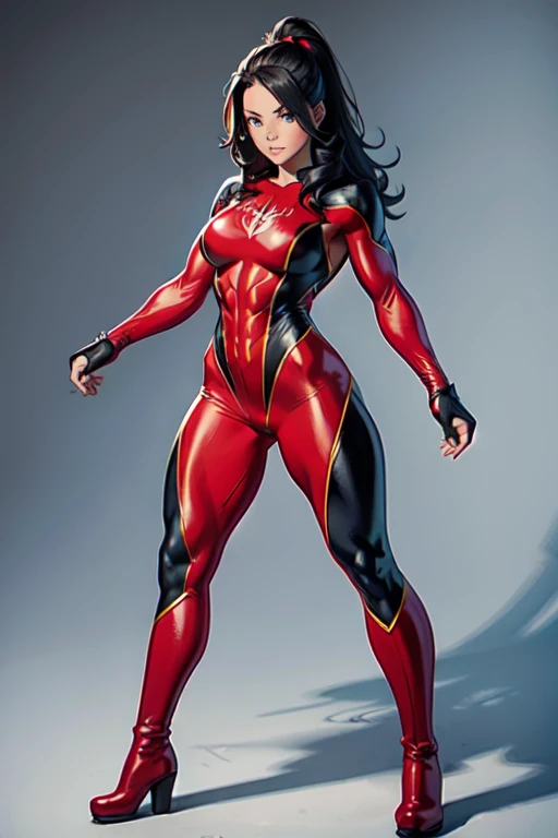 female bodybuilder in spider woman catsuit, ((pencil boots)), ((full body))