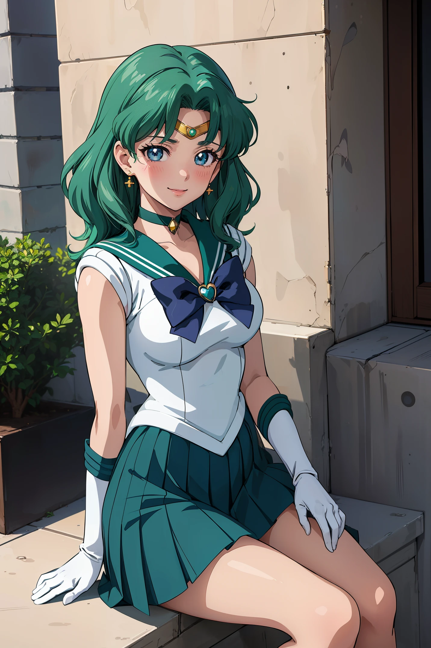 (anime:1.4), best quality, masterpiece,cowboy shot,
1girl, sailor neptune, mature woman, aged up,medium breasts, aqua eyes, dark green hair, medium hair, (sailor senshi uniform:1.2), back bow, white elbow gloves, plead skirt, looking at viewer,blush, smile,sitting
