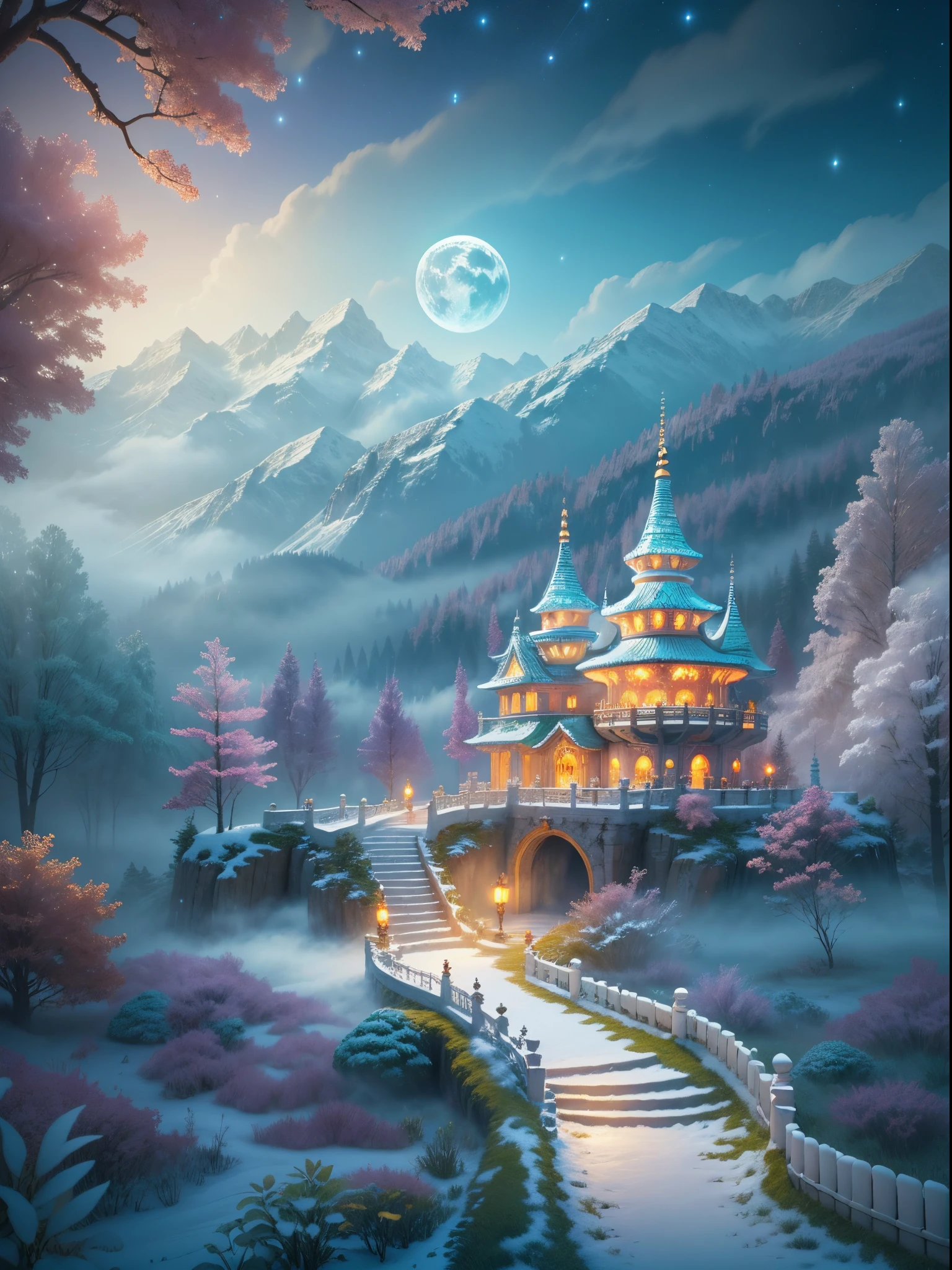 (tmasterpiece),（ultra - detailed：1.3），Best quality，(Sparkling: 1.2), (Winter wonderland in fantasy mythology: 1.4), ((Fresh, chill, mountains, white mist, , vastness, bamboo forest, frost flowers, diamonds, breeze, bamboo leaves, sounds of nature, lake, Ancient, pavilion, sacred, tranquil, peaceful, otherworldly, beautiful, tranquil, secluded, treasure, nature, magic, creativity)), illustration style, and decoration, dreamy winter wonderland, lovely design style, Evening, snowy field, full moon, bright colors, ((whimsical and charming fantasy)), surreal portrait, (fantasy-themed winter day), (whimsical wonderland), (colorful, mist-filled landscape), (enchanting , magical creatures), (a vibrant, mist-shrouded palace), (white cloud road), (rich, dreamlike colors), (twinking stars) elevated, (fourth-dimensional dreamland), (enchanting and enchanting atmosphere), (playful composition), (vivid lighting effects), 1.4x realism, ultra-high definition, displayed in this beautiful scene, （Very meticulous，Reasonable design，Clear lines，High- sharpness，tmasterpiece，offcial art，movie light effect，8K)