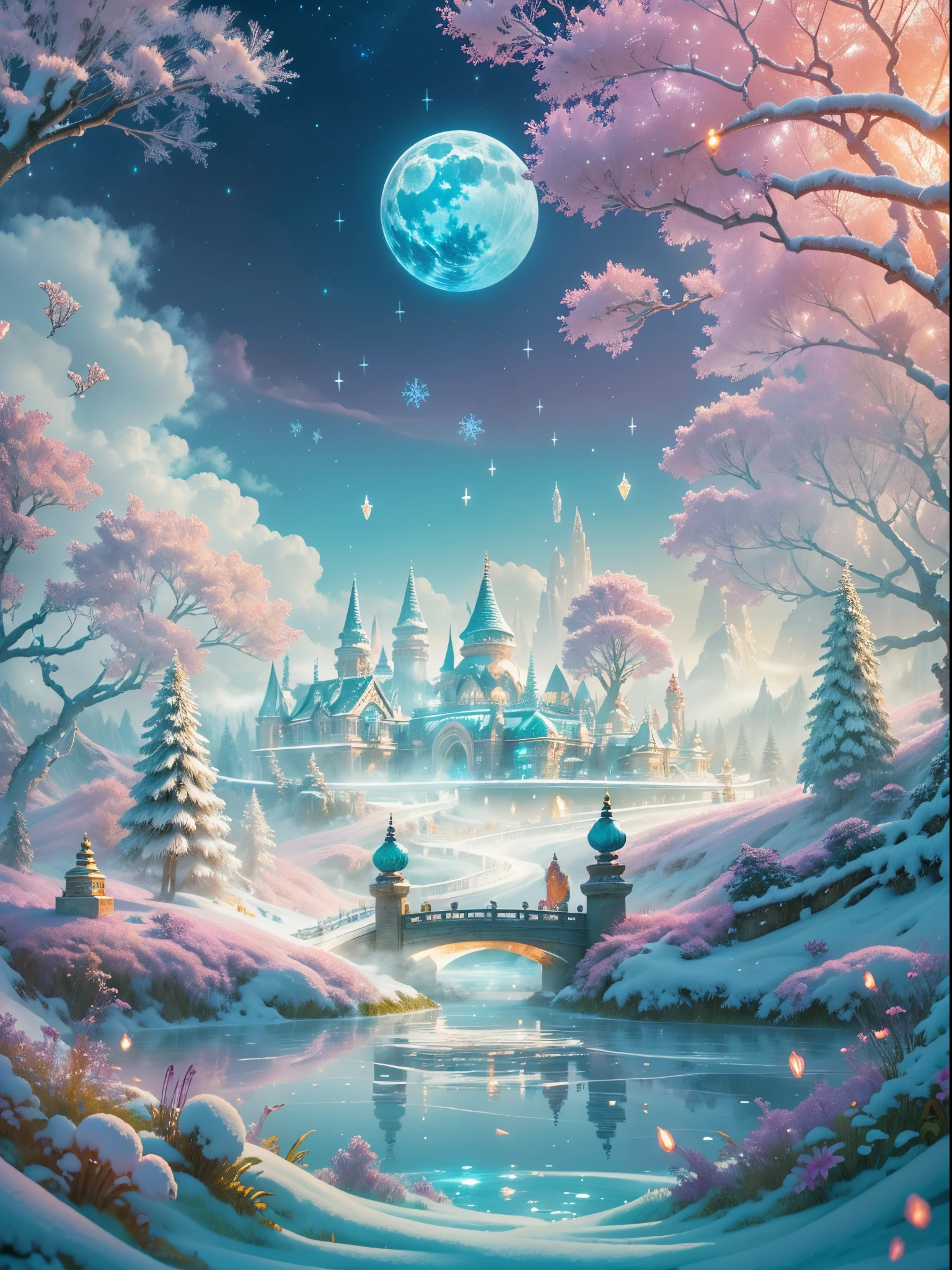 (tmasterpiece),（ultra - detailed：1.3），Best quality，(Sparkling: 1.2), (Winter wonderland in fantasy mythology: 1.4), ((Fresh, chill, mountains, white mist, , vastness, bamboo forest, frost flowers, diamonds, breeze, bamboo leaves, sounds of nature, lake, Ancient, pavilion, sacred, tranquil, peaceful, otherworldly, beautiful, tranquil, secluded, treasure, nature, magic, creativity)), illustration style, and decoration, dreamy winter wonderland, lovely design style, Evening, snowy field, full moon, bright colors, ((whimsical and charming fantasy)), surreal portrait, (fantasy-themed winter day), (whimsical wonderland), (colorful, mist-filled landscape), (enchanting , magical creatures), (a vibrant, mist-shrouded palace), (white cloud road), (rich, dreamlike colors), (twinking stars) elevated, (fourth-dimensional dreamland), (enchanting and enchanting atmosphere), (playful composition), (vivid lighting effects), 1.4x realism, ultra-high definition, displayed in this beautiful scene, （Very meticulous，Reasonable design，Clear lines，High- sharpness，tmasterpiece，offcial art，movie light effect，8K)