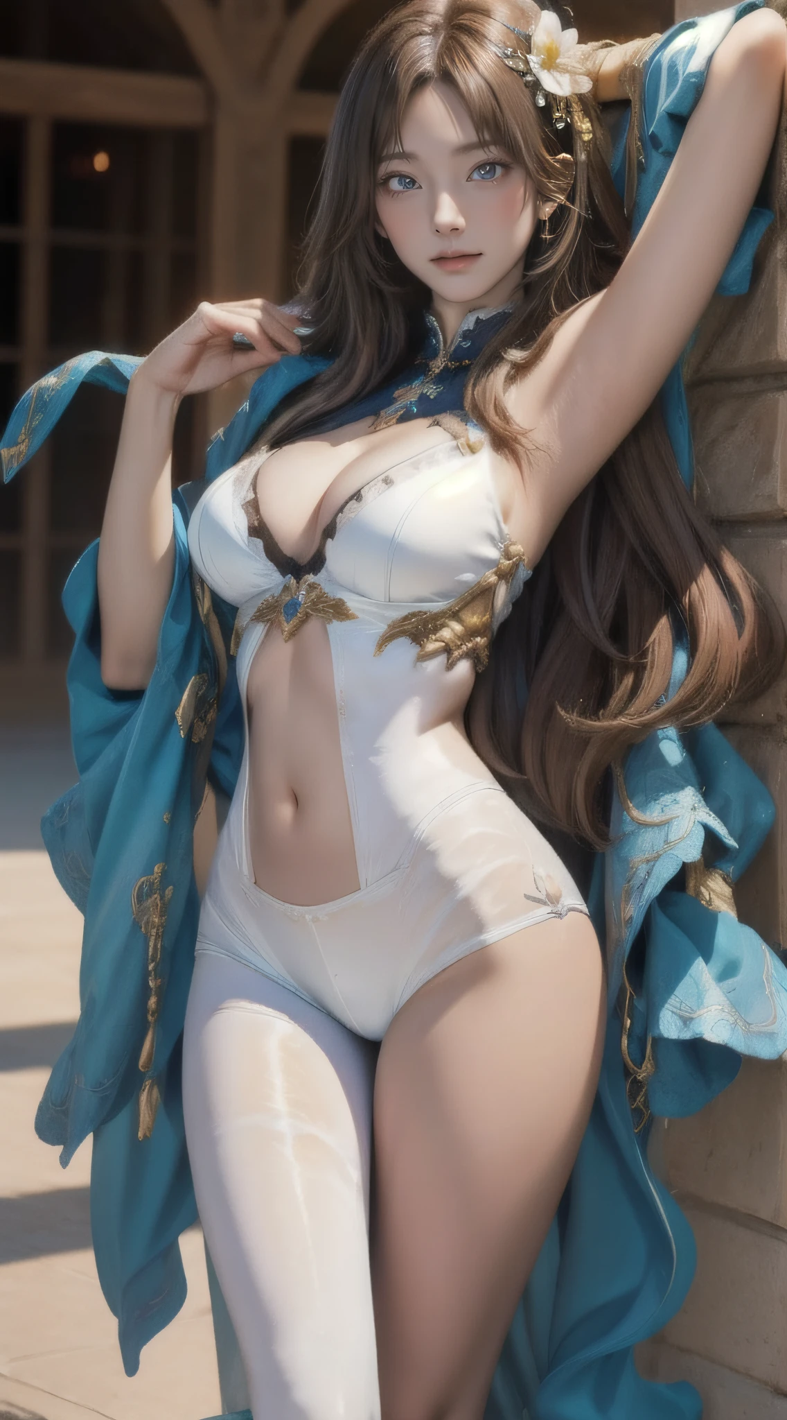 (Cinematic scene,Fantasy Art,Highest image quality,hyperrealistic portrait,(8K),Ultra-realistic,Best Quality,High quality,High Definition,high quality texture,high detailing,Beautiful detailed,fine detailed,extremely details CG,Detailed texture,realistic representation of face,masutepiece,presence,Dynamic,Bold),1gir,Ultra detailed skin,Curve,Petite,Beautiful breasts,Large breasts,pale skin,pointed breast,Erect nipples,(Thin hair),(Soft hair),(ultra straight hair),Swept long bangs,very light coppery amber hair,Hair over one eye