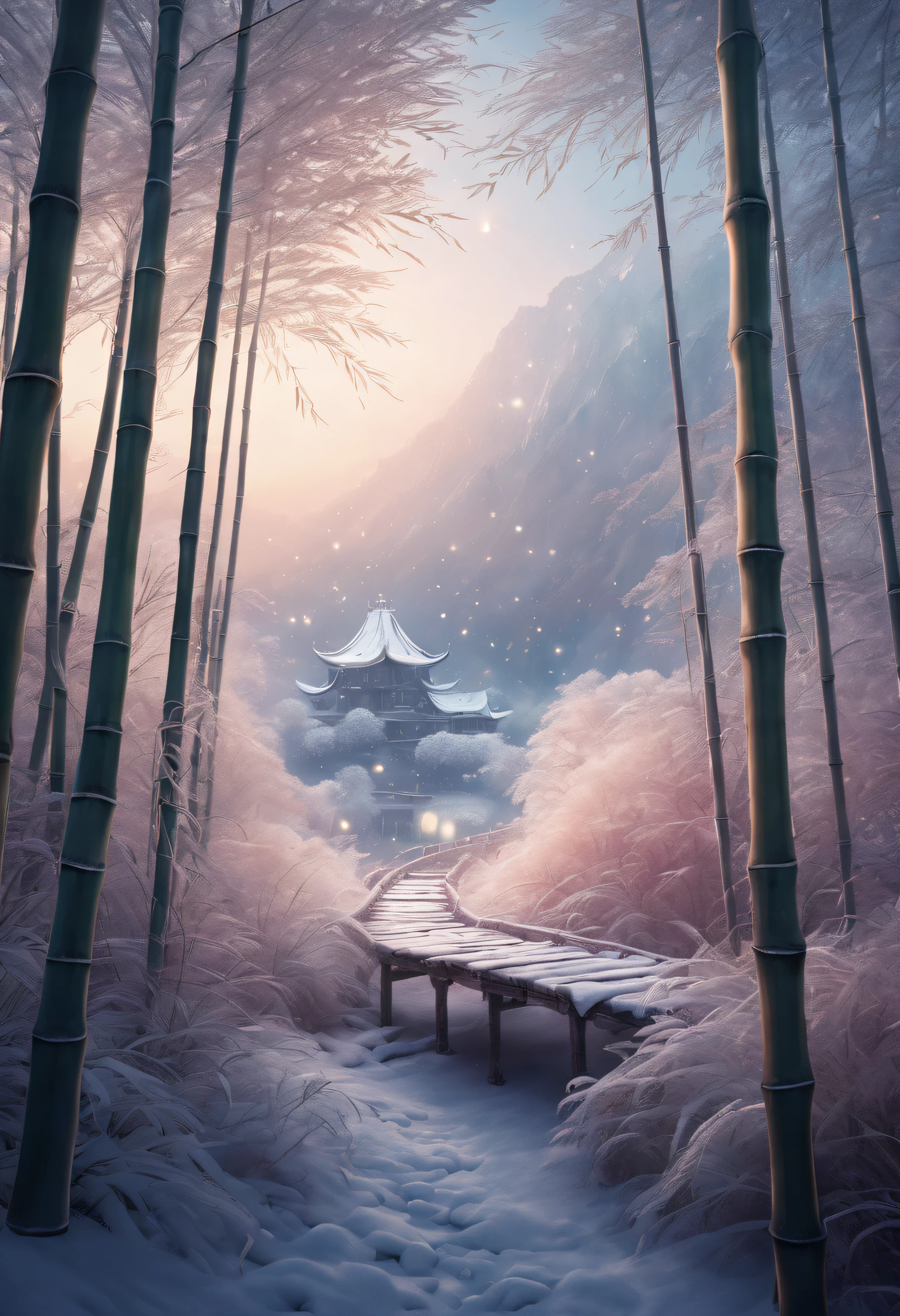 (tmasterpiece),（ultra - detailed：1.3），Best quality，(Sparkling: 1.2), (Winter wonderland in fantasy mythology: 1.4), ((Fresh, chill, mountains, white mist, , vastness, bamboo forest, frost flowers, diamonds, breeze, bamboo leaves, sounds of nature, lake, Ancient, pavilion, sacred, tranquil, peaceful, otherworldly, beautiful, tranquil, secluded, treasure, nature, magic, creativity)), illustration style, and decoration, dreamy winter wonderland, lovely design style, Evening, snowy field, full moon, bright colors, ((whimsical and charming fantasy)), surreal portrait, (fantasy-themed winter day), (whimsical wonderland), (colorful, mist-filled landscape), (enchanting , magical creatures), (a vibrant, mist-shrouded palace), (white cloud road), (rich, dreamlike colors), (twinking stars) elevated, (fourth-dimensional dreamland), (enchanting and enchanting atmosphere), (playful composition), (vivid lighting effects), 1.4x realism, ultra-high definition, displayed in this beautiful scene, （Very meticulous，Reasonable design，Clear lines，High- sharpness，tmasterpiece，offcial art，movie light effect，8K)