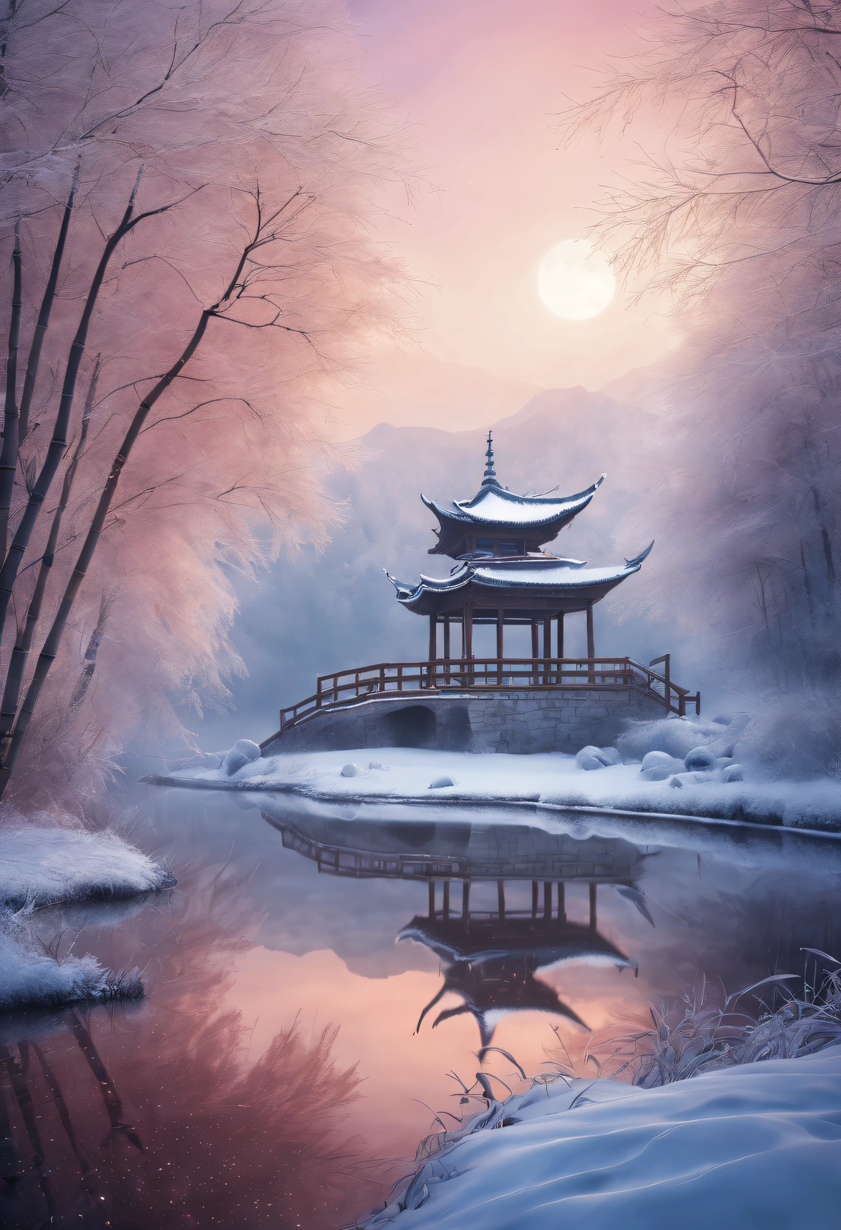 (Sparkling: 1.2), (Fantasy and mythical winter wonderland: 1.4), ((fresh, chill, mont, whist, , vastness, bamboo forrest, Frost flowers, diamond, light wind, Bamboo leaves, Sounds of nature, lake, archaic, kiosk, divino, peacful, Calm, Otherworldly, The beautiful, peacful, secluded, treasures, naturey, magia, creativity)), Illustration style, et les embellissements, Dreamy winter wonderland, Lovely design style, natta, snow field, moon full, vivd colour, ((Whimsical and charming fantasy)), Surreal portrait, (Fantasy themed winter), (A whimsical wonderland), (Colorful, misty landscape), (enchanting , Fantastic creatures), (A vibrant one, Palace shrouded in mist), (Baiyun Road), (Rich, fantasticcolors), (Twinkling stars) Elevated, (fourth dimensional dream), (Enchanting and charming atmosphere), (Playful composition), (Vivid lighting effects), 1.4x more realism, hyper HD, Shown in this beautiful scene