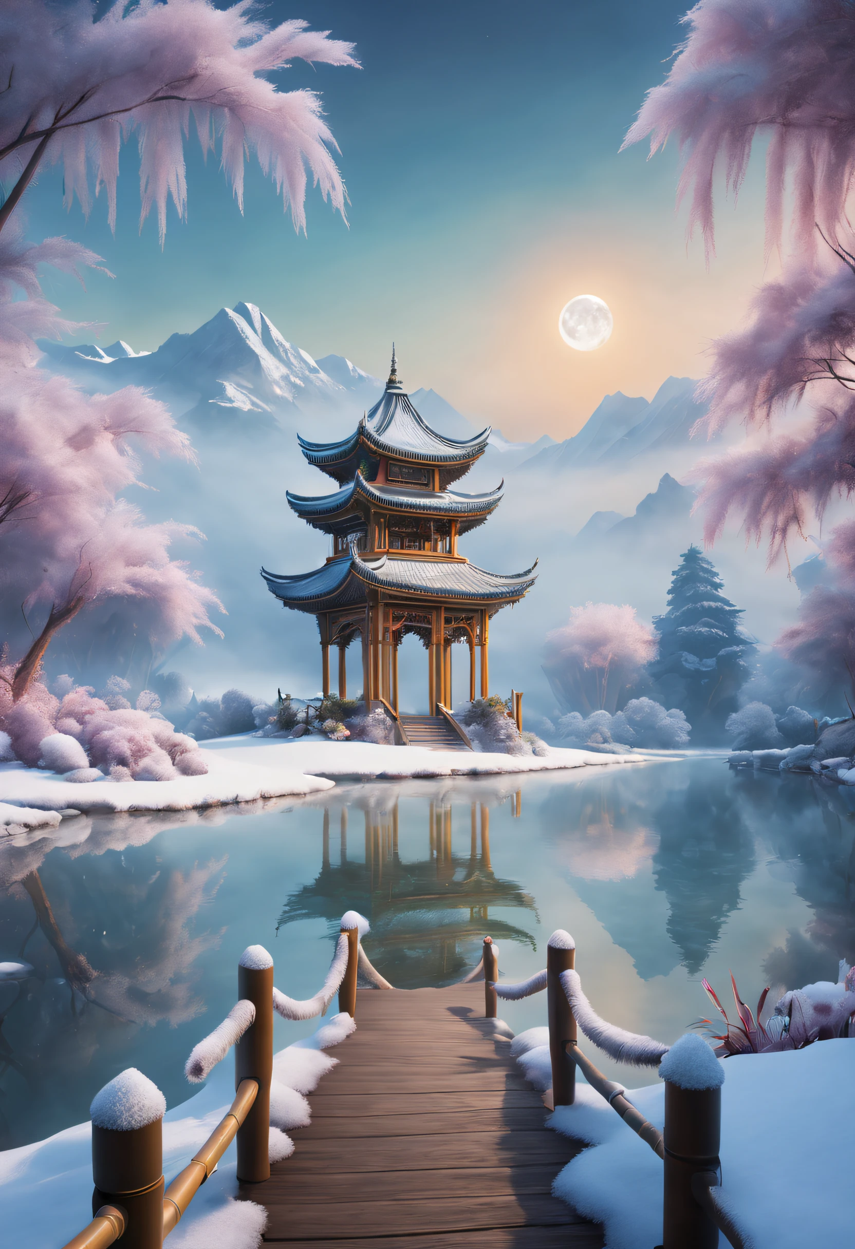 (tmasterpiece),（ultra - detailed：1.3），Best quality，(Sparkling: 1.2), (Winter wonderland in fantasy mythology: 1.4), ((Fresh, chill, mountains, white mist, , vastness, bamboo forest, frost flowers, diamonds, breeze, bamboo leaves, sounds of nature, lake, Ancient, pavilion, sacred, tranquil, peaceful, otherworldly, beautiful, tranquil, secluded, treasure, nature, magic, creativity)), illustration style, and decoration, dreamy winter wonderland, lovely design style, Evening, snowy field, full moon, bright colors, ((whimsical and charming fantasy)), surreal portrait, (fantasy-themed winter day), (whimsical wonderland), (colorful, mist-filled landscape), (enchanting , magical creatures), (a vibrant, mist-shrouded palace), (white cloud road), (rich, dreamlike colors), (twinking stars) elevated, (fourth-dimensional dreamland), (enchanting and enchanting atmosphere), (playful composition), (vivid lighting effects), 1.4x realism, ultra-high definition, displayed in this beautiful scene, （Very meticulous，Reasonable design，Clear lines，High- sharpness，tmasterpiece，offcial art，movie light effect，8K)