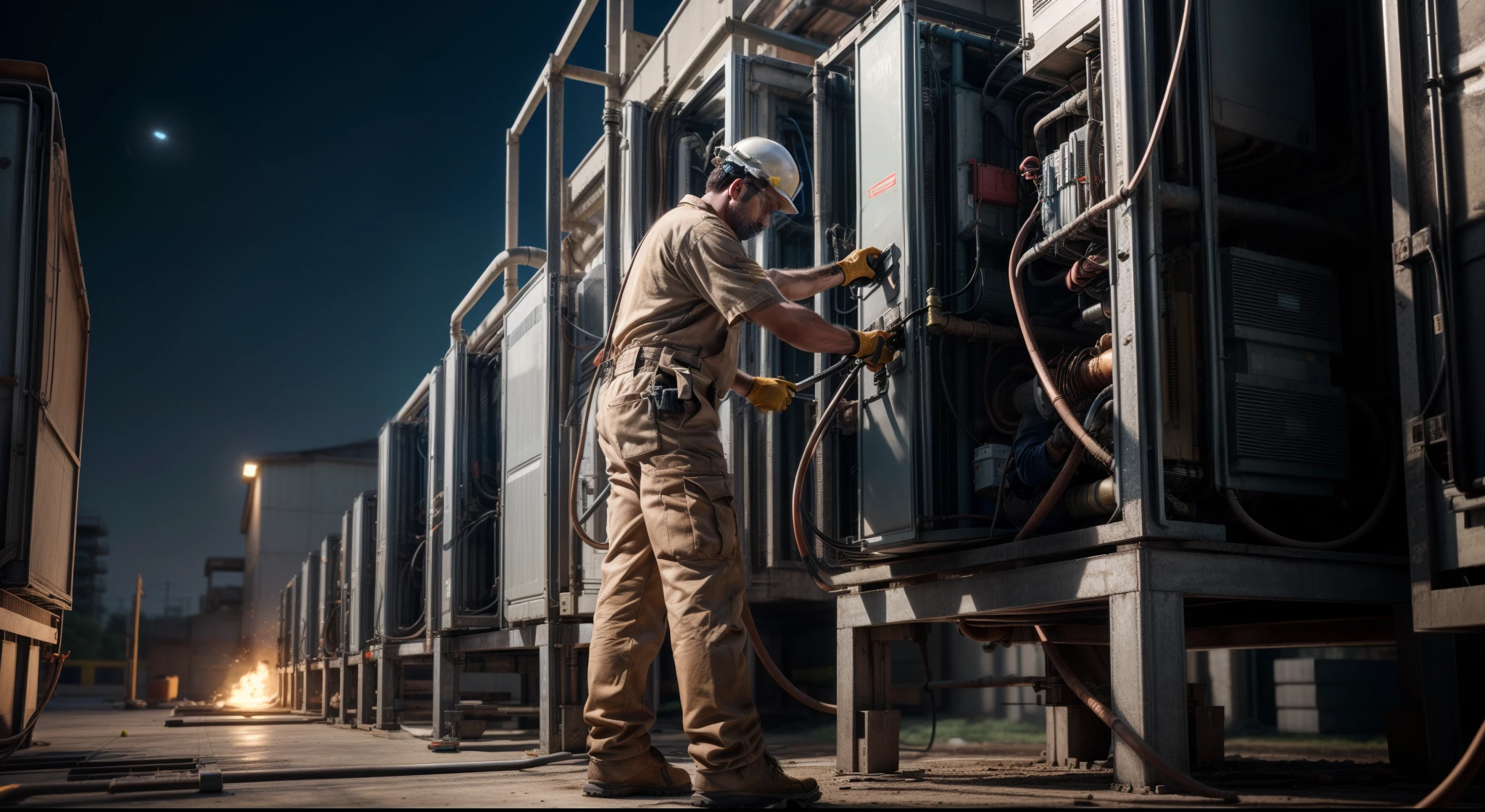 Male worker installing REFCOMP industrial compressor refrigeration unit outdoors, soldering of pipelines, copper pipeline (Best Quality,4k,8K,hight resolution,Masterpiece:1.2),Ultra-detailed,(Realistic,Photorealistic,photo-realistic:1.37),Colorful and bright background,blurry bokeh effect,Deep color,Rich color