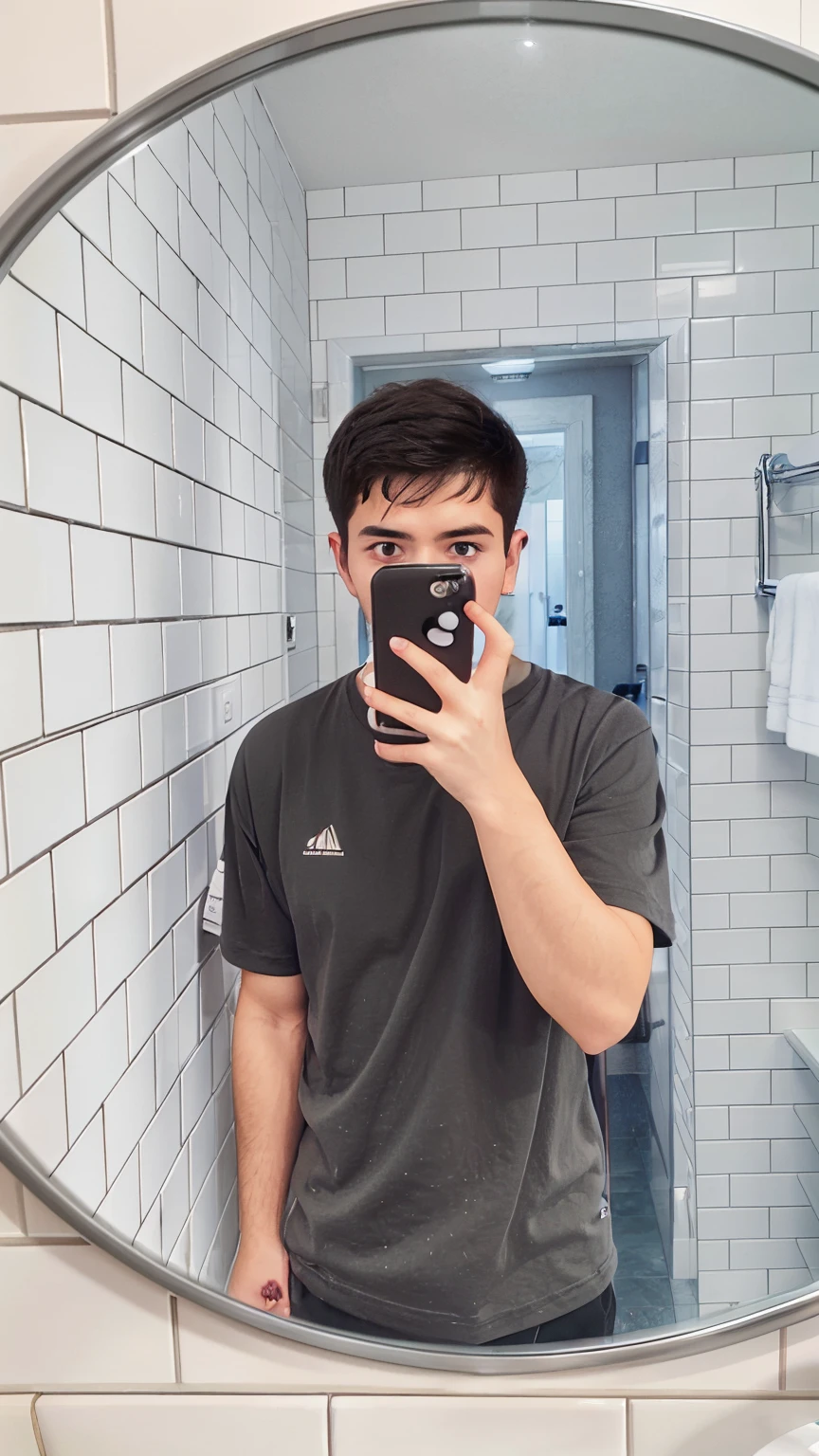 Fed man looking into bathroom mirror, very very low quality picture, in bathroom, right angles, profile picture 1024px, 23years old, short detailed hair, 2 7 years old, he is wearing a black t-shirt, age 22, 8K photos, in bathroom