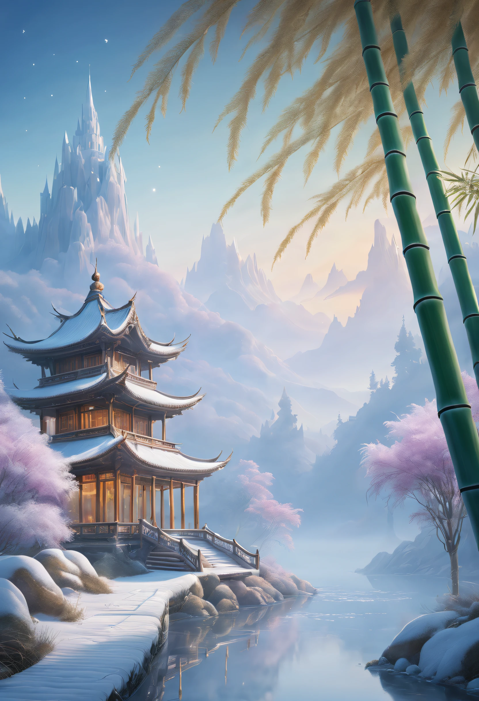 (tmasterpiece),（ultra - detailed：1.3），Best quality，(Sparkling: 1.2), (Winter wonderland in fantasy mythology: 1.4), ((Fresh, chill, mountains, white mist, , vastness, bamboo forest, frost flowers, diamonds, breeze, bamboo leaves, sounds of nature, lake, Ancient, pavilion, sacred, tranquil, peaceful, otherworldly, beautiful, tranquil, secluded, treasure, nature, magic, creativity)), illustration style, and decoration, dreamy winter wonderland, lovely design style, Evening, snowy field, full moon, bright colors, ((whimsical and charming fantasy)), surreal portrait, (fantasy-themed winter day), (whimsical wonderland), (colorful, mist-filled landscape), (enchanting , magical creatures), (a vibrant, mist-shrouded palace), (white cloud road), (rich, dreamlike colors), (twinking stars) elevated, (fourth-dimensional dreamland), (enchanting and enchanting atmosphere), (playful composition), (vivid lighting effects), 1.4x realism, ultra-high definition, displayed in this beautiful scene, （Very meticulous，Reasonable design，Clear lines，High- sharpness，tmasterpiece，offcial art，movie light effect，8K)