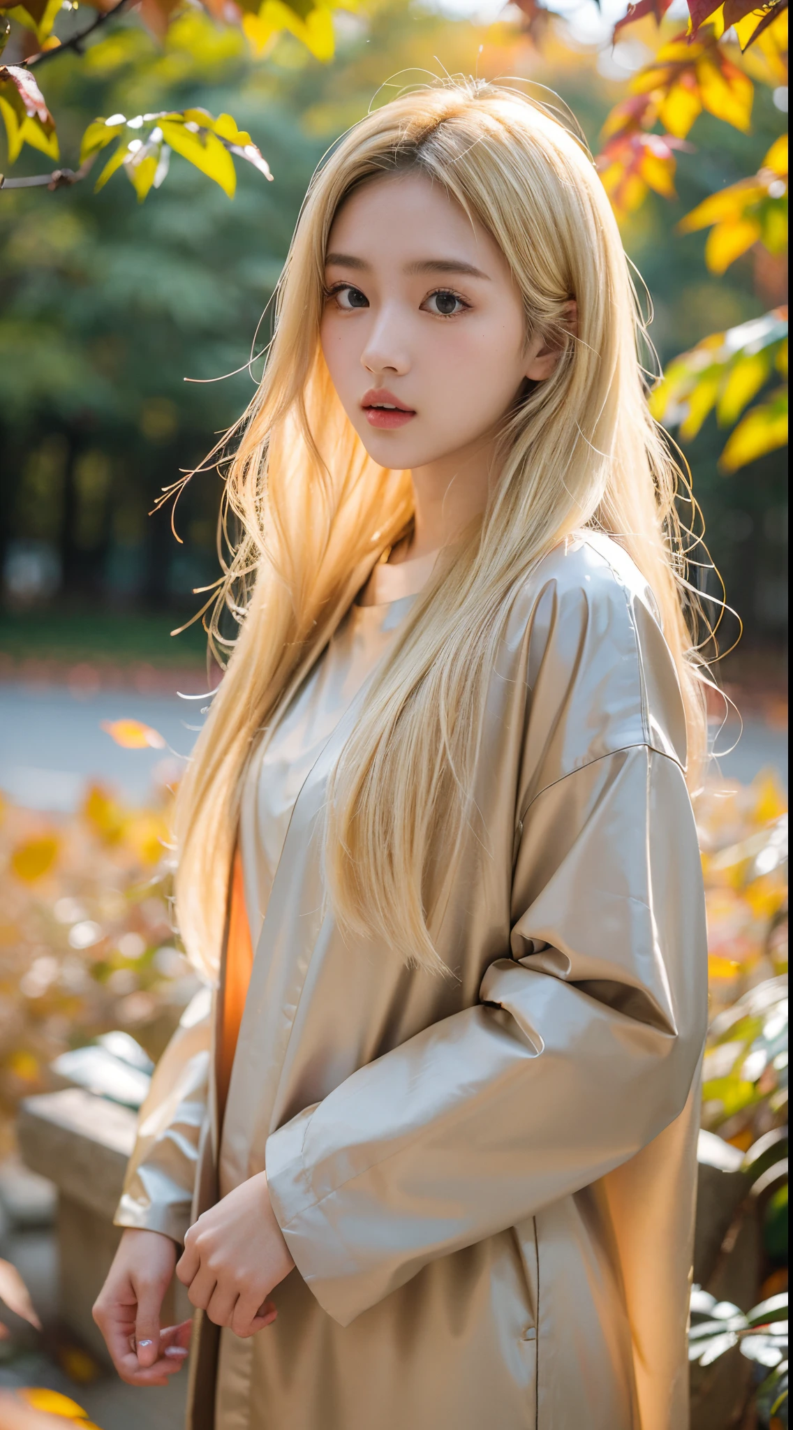 20岁女孩,Beautiful girl wearing oversized clothes, Long blonde hair, (The upper part of the body:1.2), Autumn leaves, Outdoor activities, volumettic light, Cinematic, golden time, natural lightting, realisticlying, natural lightting, professional DSLR camera,