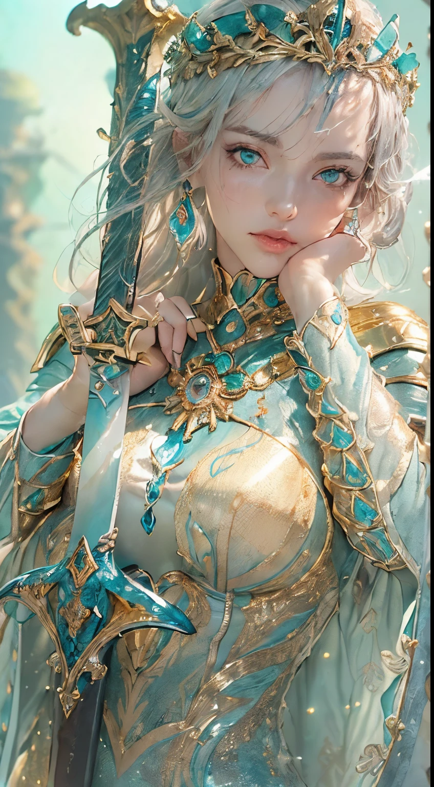 ((sword in hand:1.8)), (award-winning masterpiece, with incredible detail, textures and maximum detail), (hyper realistic:1.4), (realistic:1.3), (upper body close-up:0.4), (many gold and silver treasures are sunken: 1.8), ( Top Quality Real Texture Skin), (((Underwater))), (Deep Sea: 1.5), (Dark Sea at Night: 1.6)), (Detailed True Circle Symmetrical Eye-Catching Exquisite Face, ((Medieval World)), ((Mermaid)), ((Mermaid Prince Mermaid Noble)), (Eyes Burning Brightly Like Flames ), (she smiles mischievously), (sunken ship with treasures:1.4), (sunken temple on coral reef), (sunken temple, sunken cathedral, sunken temple ruins, sunken detached temple, sunken ruins of ancient castle, shining majestic water and light, coral reef, (eyes glowing golden in the dark:1.5), (eyes with a strong inner (strong golden light from within:1.5), (bioluminescence:1.5), (swirling water currents and currents in background), (dramatic light), (magnificent scene), (her expression is gentle and beautiful), glass earrings in ears, (dramatic photo:1.4), (( dramatic pose))), (gorgeous photograph), (golden hair), (silver hair), (chestnut hair), ((examining)), ((looking down)), (elaborately crafted necklace around her neck), (bioluminescent with brilliant sparkle:1.3), (flashy Hydromagic: 1.2), (beautiful fish in surrounding area), (luminous magic circle: 1.5), epic realistic, faded, art book, (Greg Rutkowski: 0.8), (teal and orange: 0.4), (art station: 1.5), cinematic ((neutral hues)), (ticker:1.5), (muted colors:1.2), hyperdetailed, dramatic light, (elaborate detail:1.1), complex background, (muted colors:1.2)