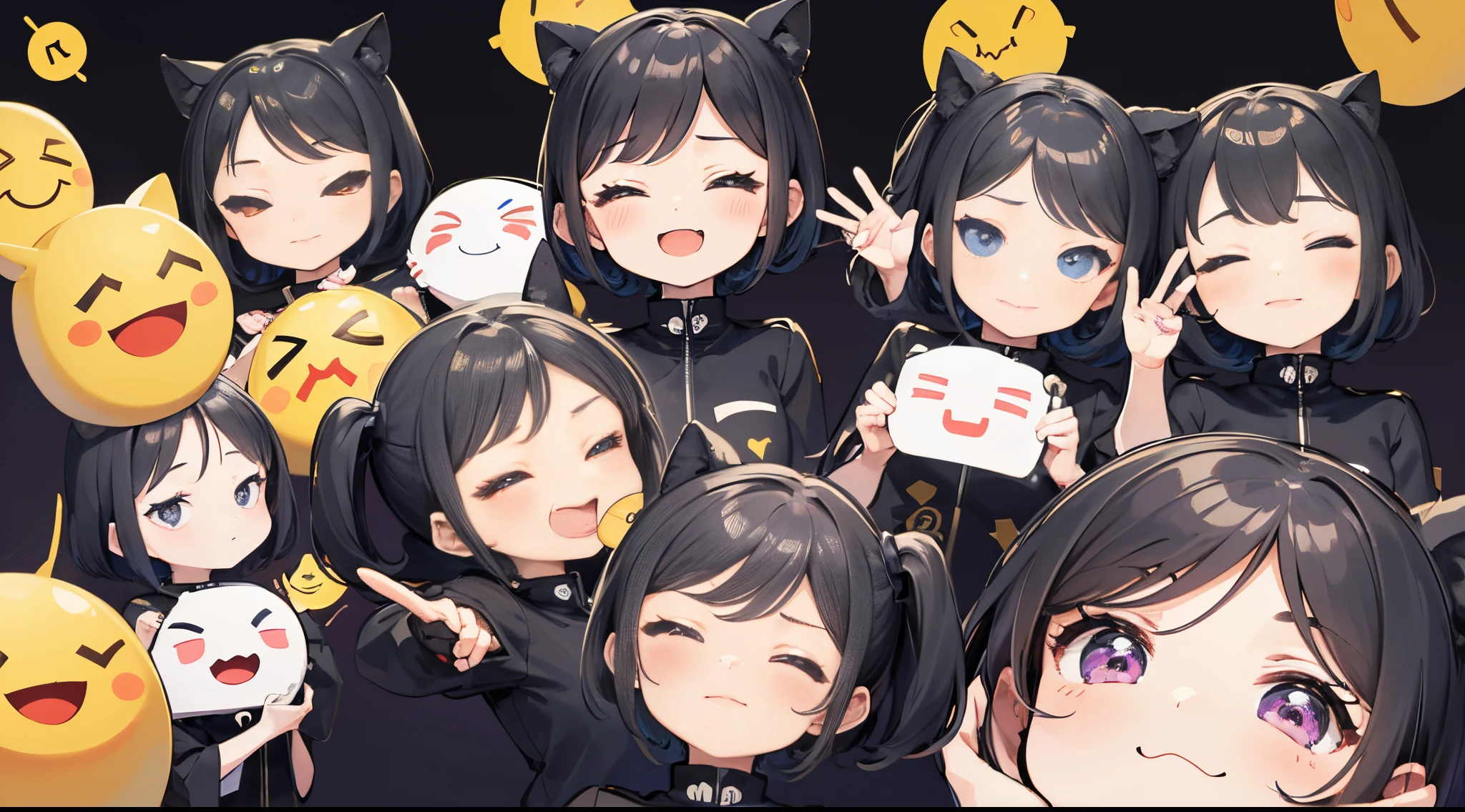 (emoji pack, 9 emoticons, emoji sheet),
gradient backgroundackgound,1 cute girl,multiple postures and expressions,short detailed hair,best quality, The is very detailed