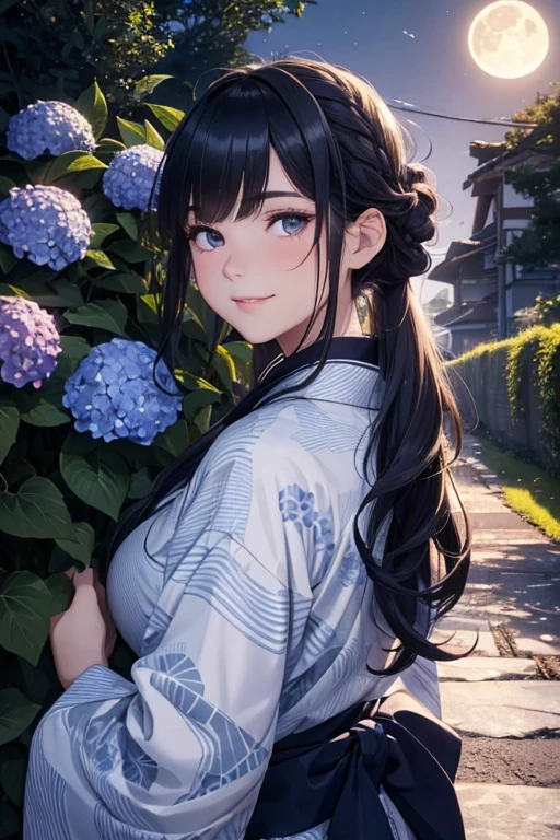 (ultra-detailed:1.3, )(master piece:1.3, )(best quality:1.3,) (high resolution:1.3)teenager, a innocent girl, beautiful face, jade eyes, eyes in highlight, catch light eyes, specular highlight eyes, beautiful breasts, (dark-haired:1.3), ((long hair tied back) a smile, Navy blue kimono with wavy abstract pattern, ) hair ornament, shoot from front, a hydrangea, night, a moon, stream and road, walking