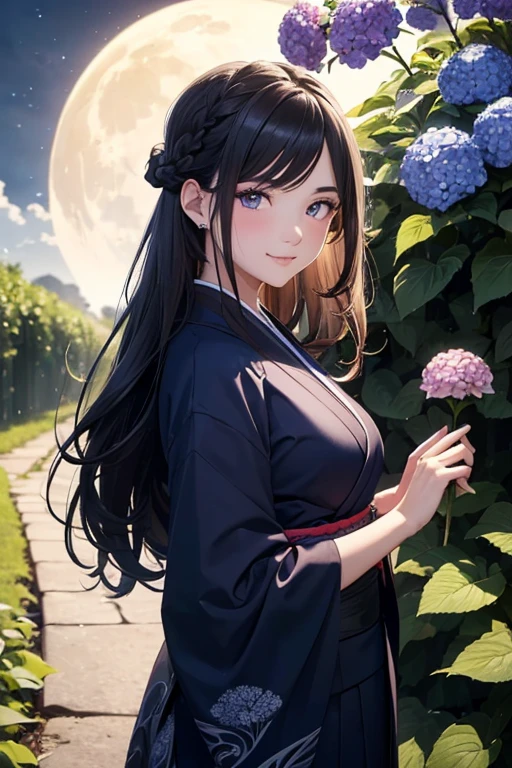 (ultra-detailed:1.3, )(master piece:1.3, )(best quality:1.3,) (high resolution:1.3)teenager, a innocent girl, beautiful face, jade eyes, eyes in highlight, catch light eyes, specular highlight eyes, beautiful breasts, (dark-haired:1.3), ((long hair tied back) a smile, Navy blue kimono with wavy abstract pattern, ) hair ornament, shoot from front, a hydrangea, night, a moon, stream and road, walking