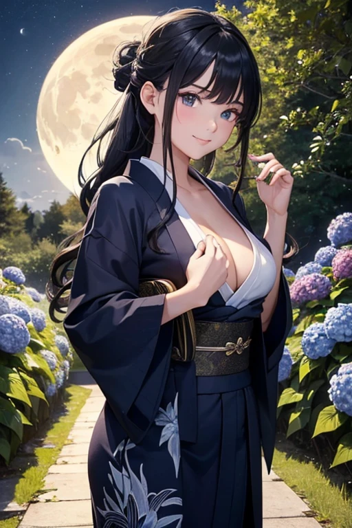(ultra-detailed:1.3, )(master piece:1.3, )(best quality:1.3,) (high resolution:1.3)ager, a innocent girl, beautiful face, jade eyes, eyes in highlight, catch light eyes, specular highlight eyes, beautiful breasts, (dark-haired:1.3), ((long hair tied back) a smile, Navy blue kimono with wavy abstract pattern, ) hair ornament, shoot from front, a hydrangea, night, a moon, stream and road, walking