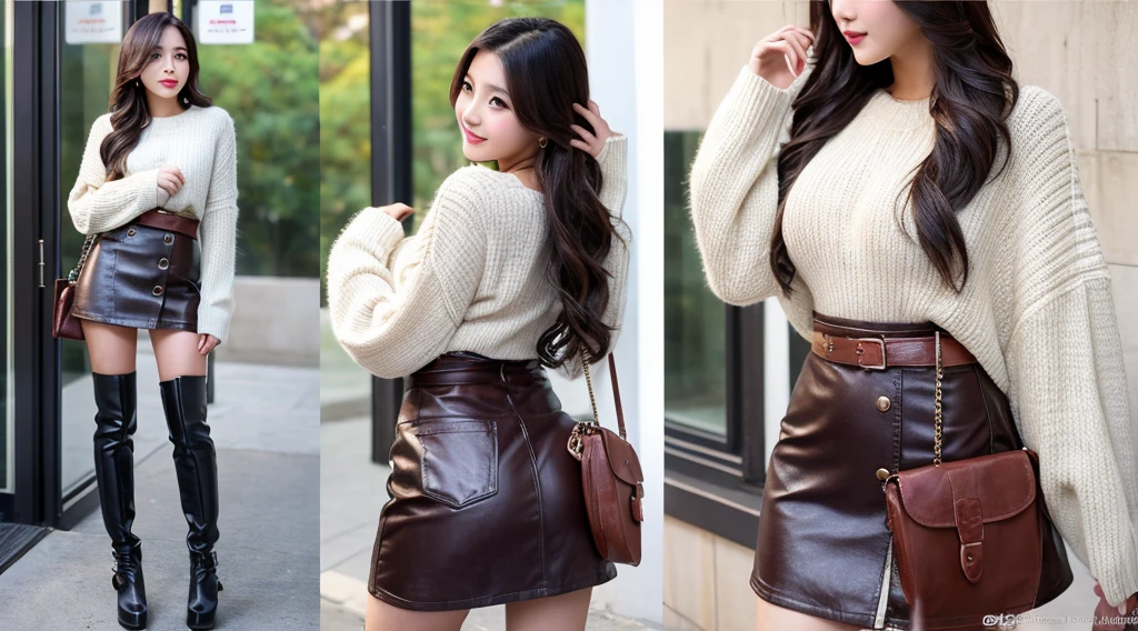 a beauty girl　huge tit　Beautiful butt　Leather skirt　knit　high-level image quality