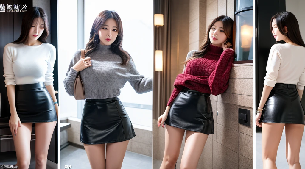 japanese women。She was raised as a young lady and has a neat face.。Her body is slender and her waist is narrow.、black sweater、green leather miniskirt、wearing red pumps。