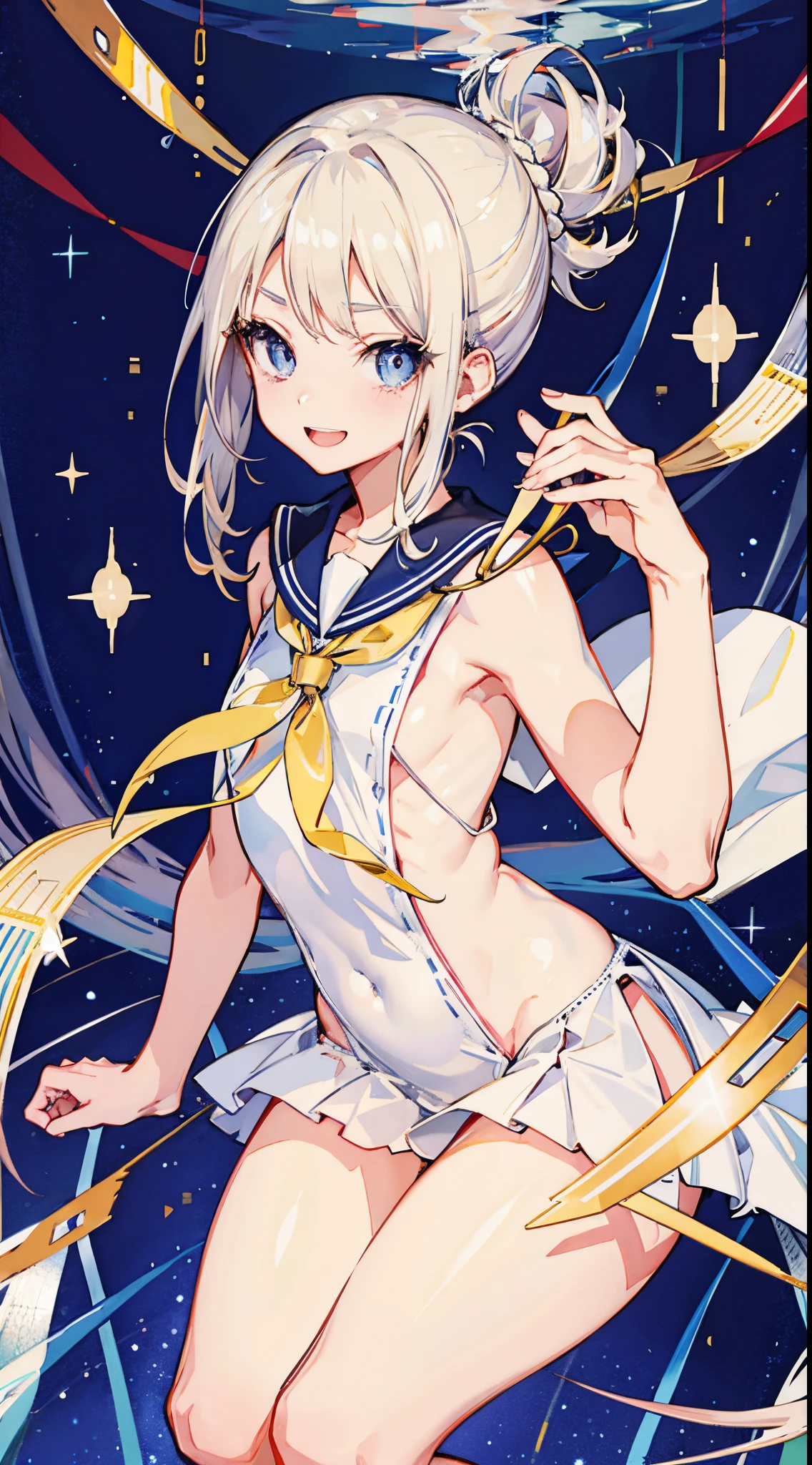 top-quality、realistic touch,high-detail、photoRealstic、long body、thin-waist、captive beauty、big eye、Strong platinum blonde eyelashes、platinum-blond、full body Esbian、Sparkling eyes、Submissive smile、Flushed cheeks、Kamimei、thin-waist、Voluptuous thighs、Enraptured look、Raked bangs、The forehead is protruding、a sailor suit、sleeveless、Inside a room、 girl、pony tail hairstyle、standing、clothes with wide open sides、