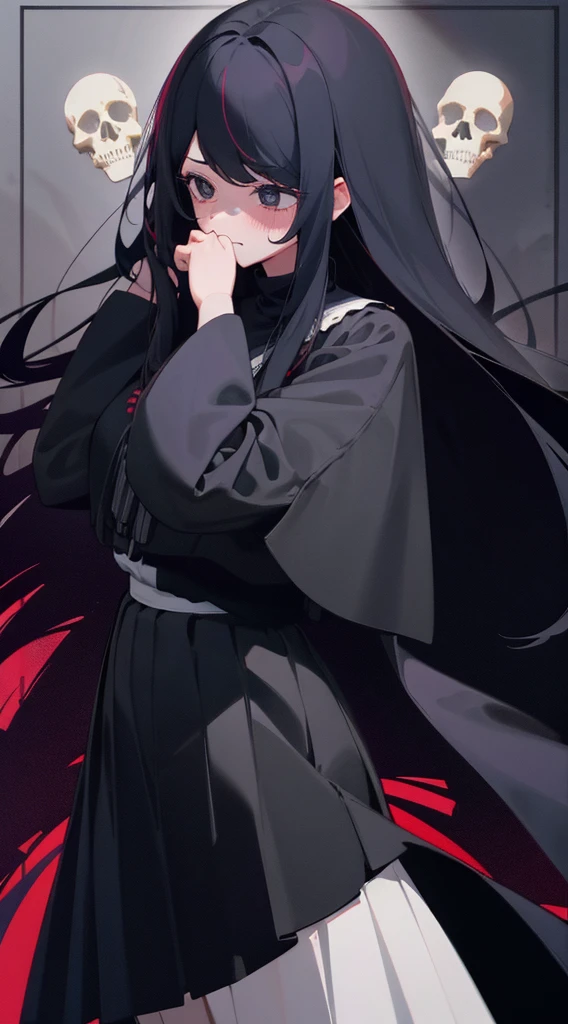 Shy girl. Black long hair. Long bangs. Black eyes. Black clothes with skull pattern in the middle the sleeves is in stripe color white ang black.