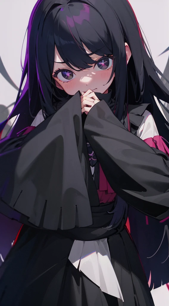 Shy girl. Black long hair. Long bangs. Black eyes. Black clothes with skull pattern in the middle the sleeves is in stripe color white ang black.