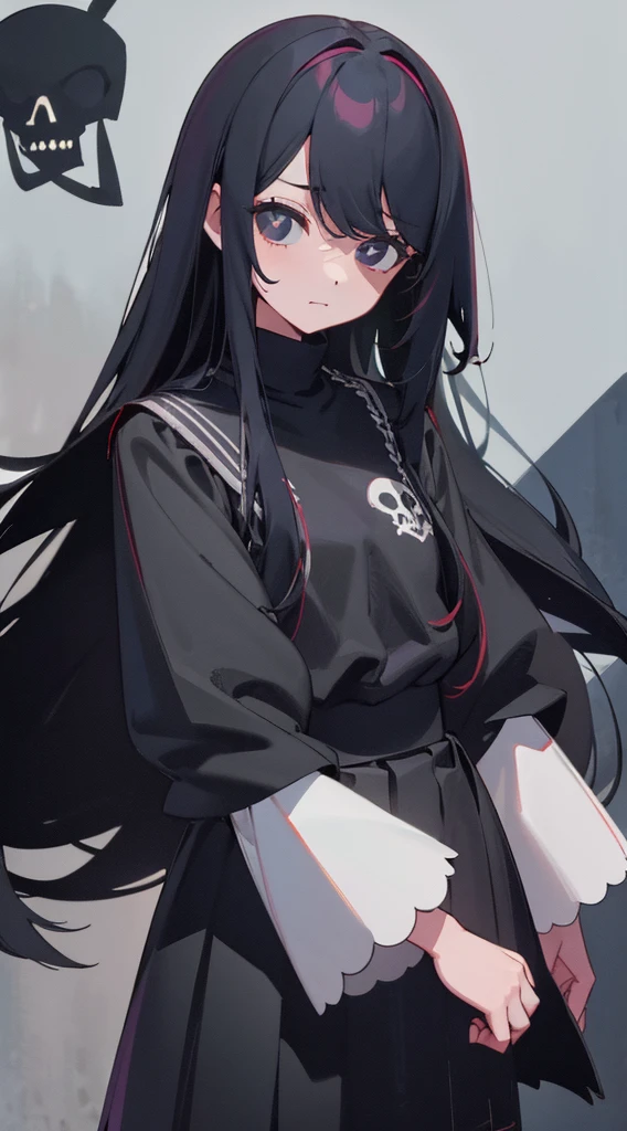 Shy girl. Black long hair. Long bangs. Black eyes. Black clothes with skull pattern in the middle the sleeves is in stripe color white ang black.
